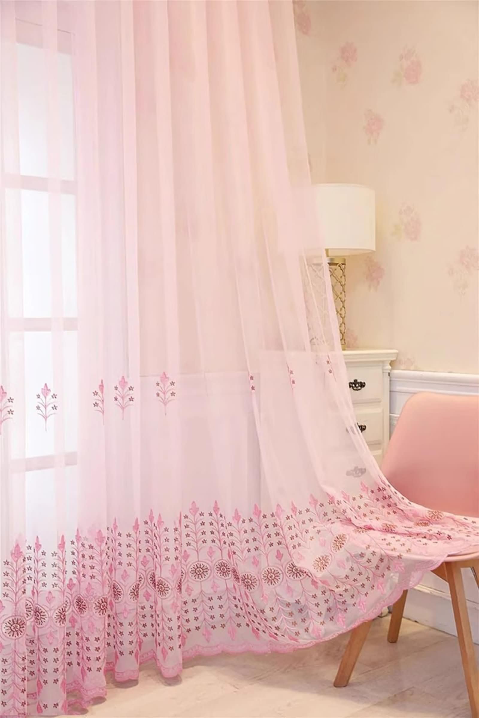 Beydodo Przezroczyste zasłony prywatności, 2 panele, przezroczyste zasłony okienne z haczykami, różowa przędza z haftem kwiatowym, poliester, 299 x 269 cm