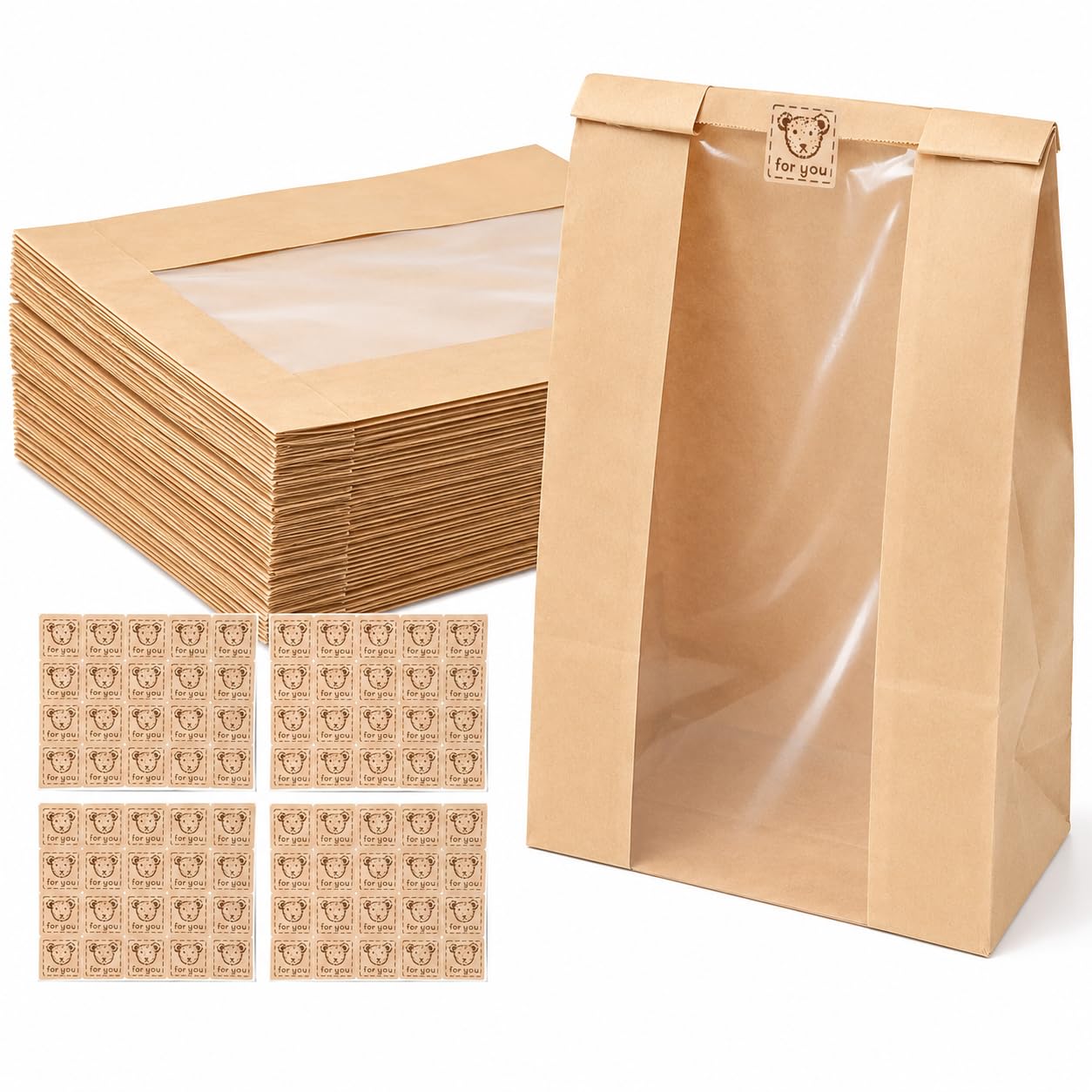 100pcs Bakery Bags with Window, Paper Bread Bags for Homemade Breads, Kraft Food Packaging Storage Bakery Bag with Stickers for Homemade Sourdough, Toast, Cookie, Baguette