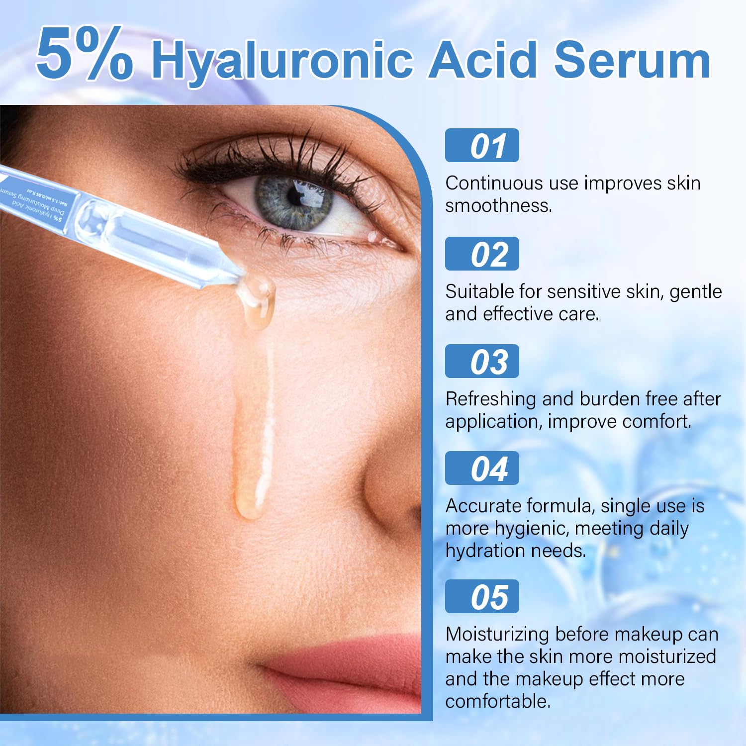 5% Hyaluronic Acid Serum Ultra-Moisturizing Vials,Hyaluronic Acid Facial Serum, Single-Use Hyaluronic Acid Tubes,Intensive Hydration,Enhances Skin Elasticity,Pre-Makeup Moisturizing Care (1 Box of 30) - Image 2