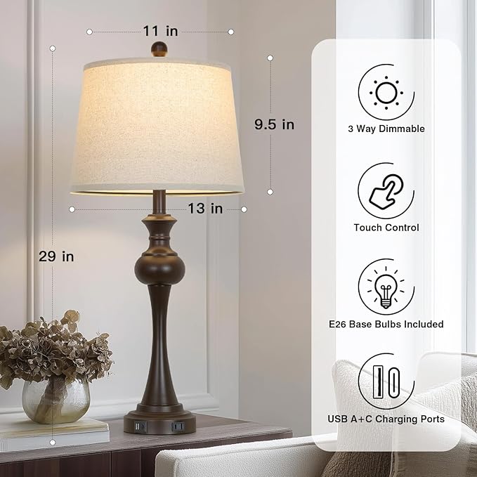 Lámparas de Mesa Brown CINSARY, Set de 2, con USB y Toque Dimmable miniatura 4