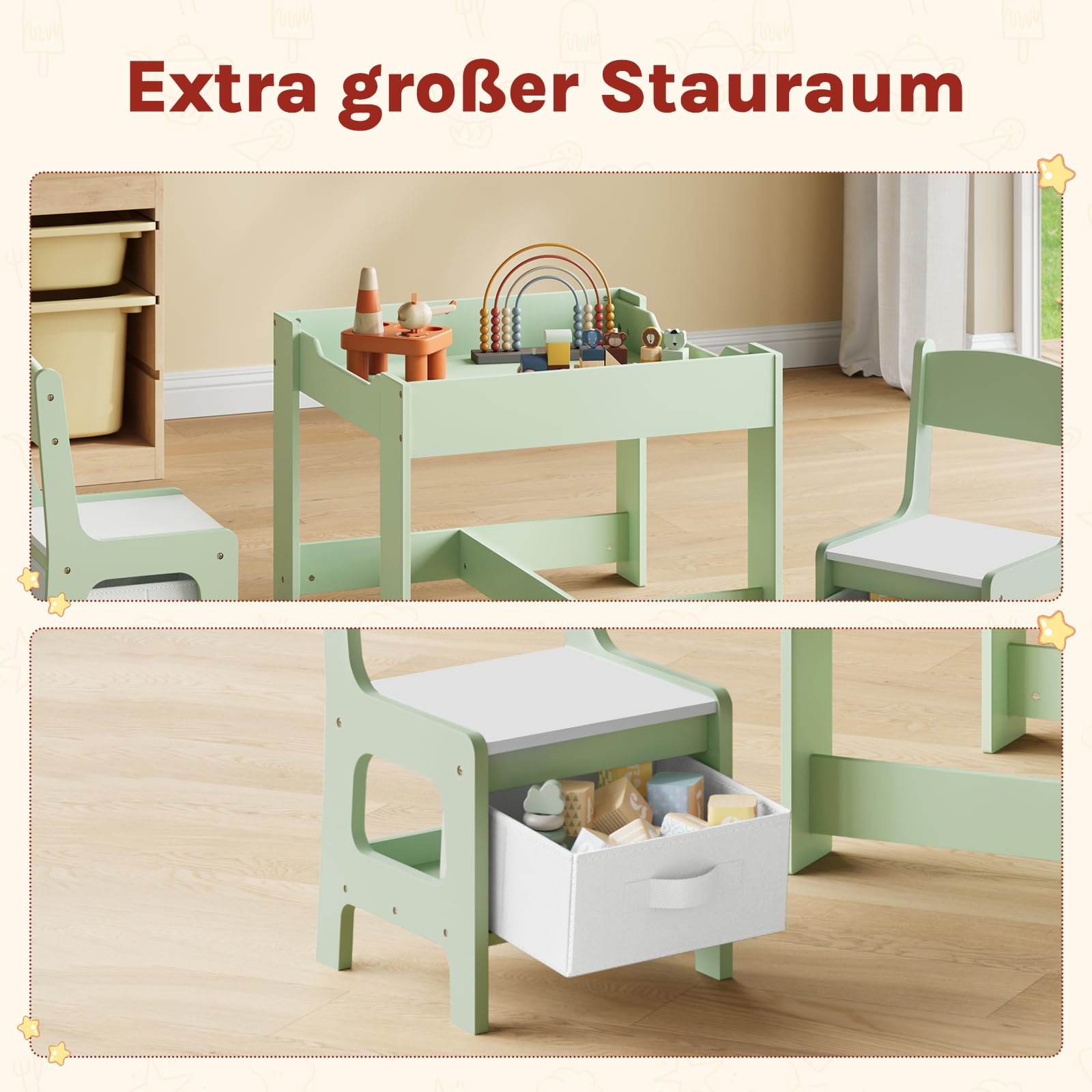 WOLTU Kindertisch mit 2 Stühlen, für Kinderzimmer Kindergarten, Kindersitzgruppe mit Stauraum, mit wendbarer Tischplatte, für Kinder ab 2 Jahren, Grün + Weiß