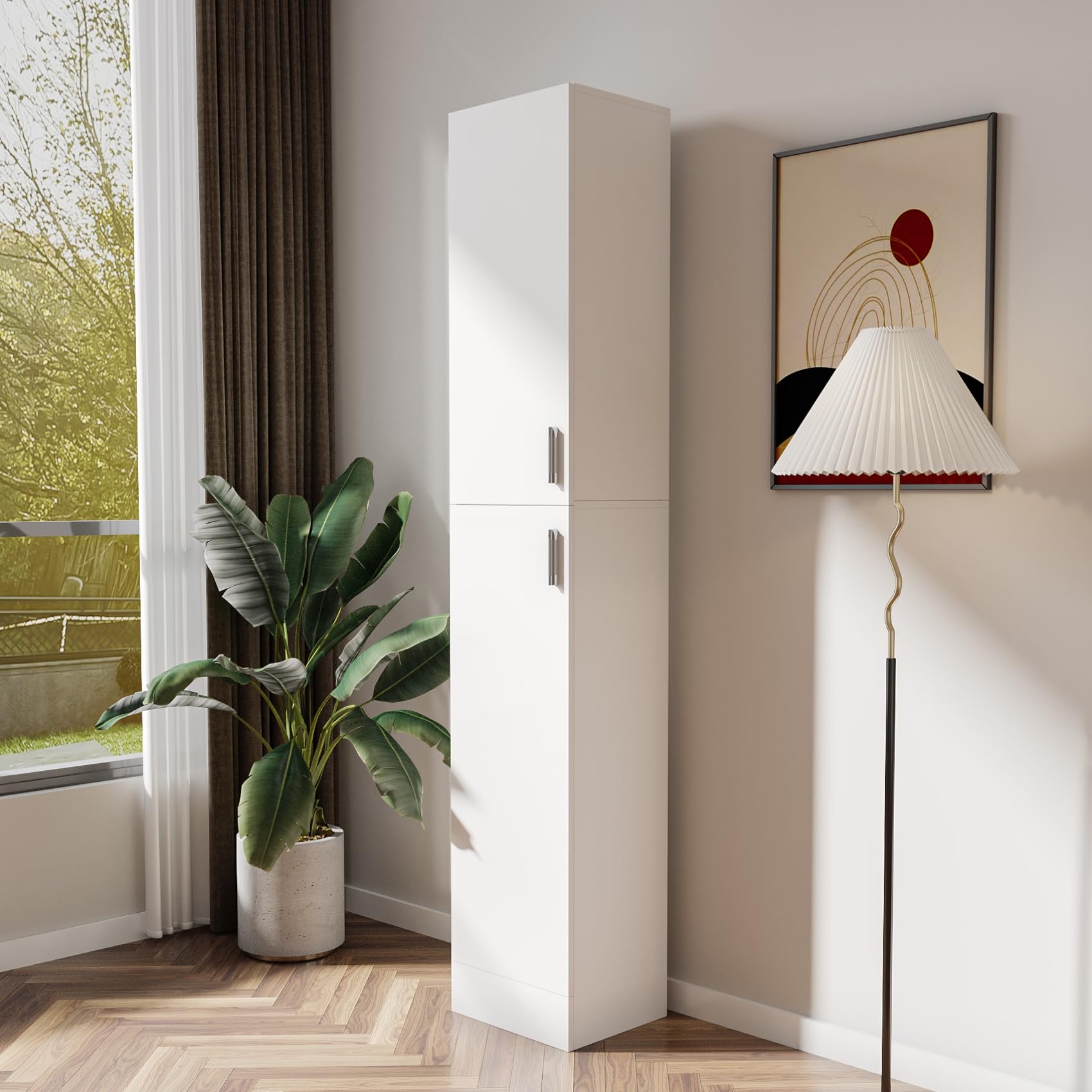 KEIKI Freestanding Slim Tall Storage Cabinet with Shelves, 2 Door, Wooden Narrow Organizer for Kitchen, Dining, Laundry, Living Room, Bathroom, Garage