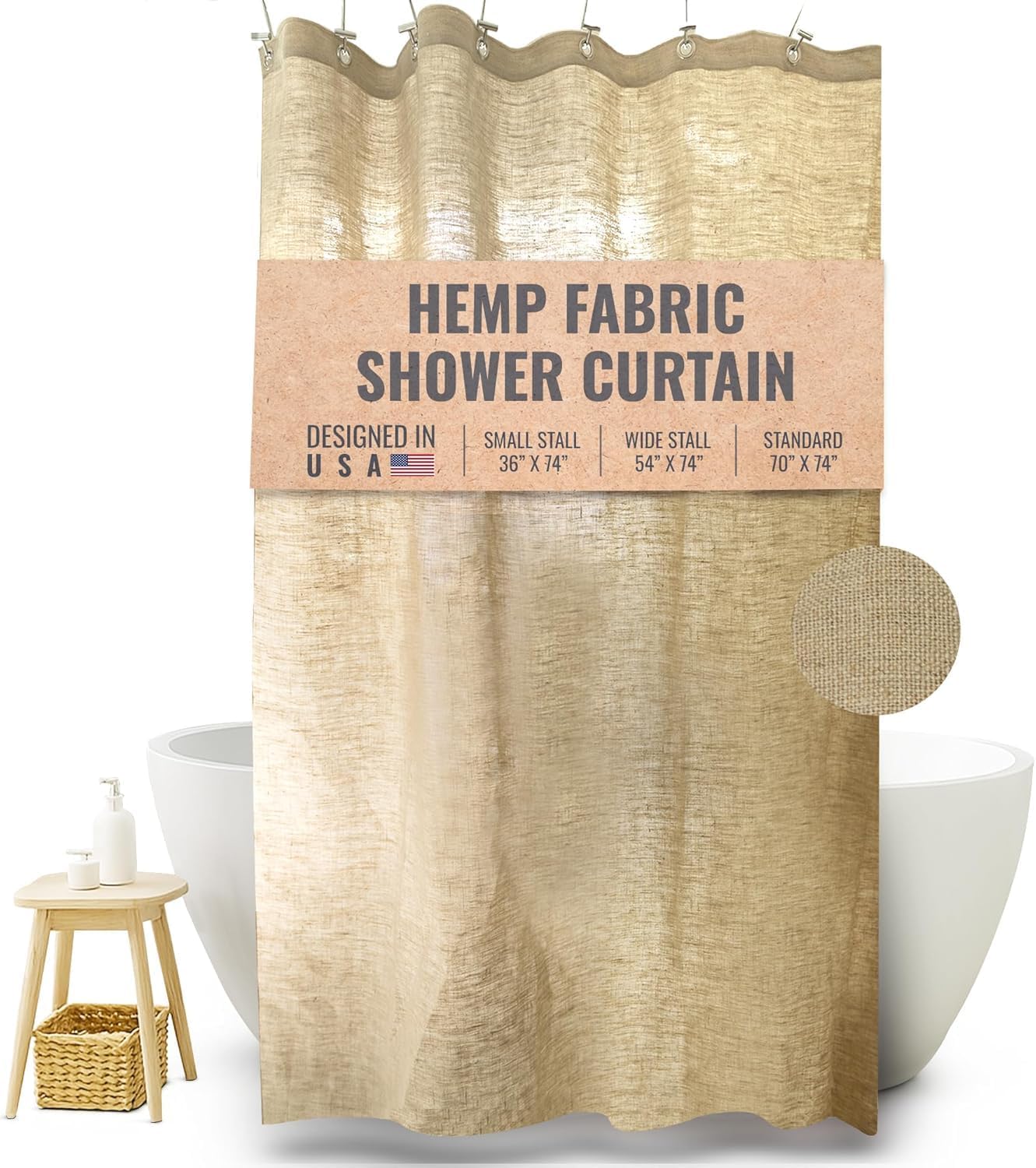 Bean Products Hemp Fabric Shower Curtain Liner - Lightweight and Washable Natural Breathable Fabric Stall Shower Liner - Perfect for Master Bath Tubs, Guest Bathrooms and Dorms - Natural, 36" x 74"
