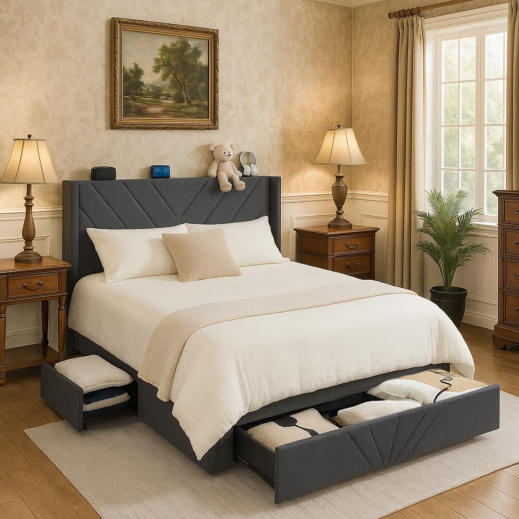 COMHOMA King Size Metal Bed Frame with Upholstered Headboard,Storage Drawers,USB & Type-C Charging Ports,No Box Spring Needed,Dark Grey