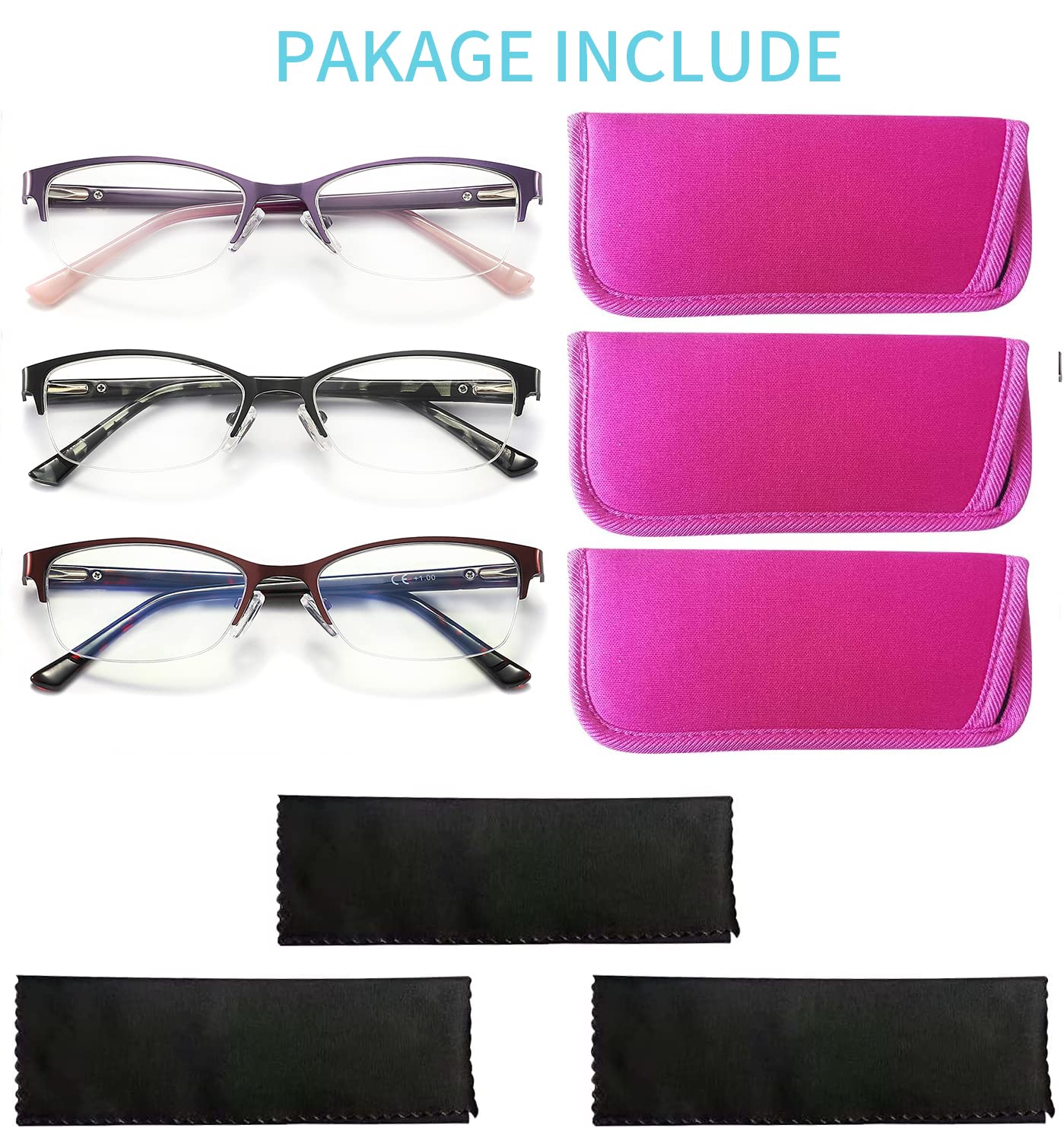 HOTJOJO 3 Pack Reading Glasses for Women Blue Light Blocking, Metal Oval Half Frame Womens Readers Glass with Spring Hinge, Anti Blue Ray Reduce Eye Strain Glare Headache(175 Magnification Strength)