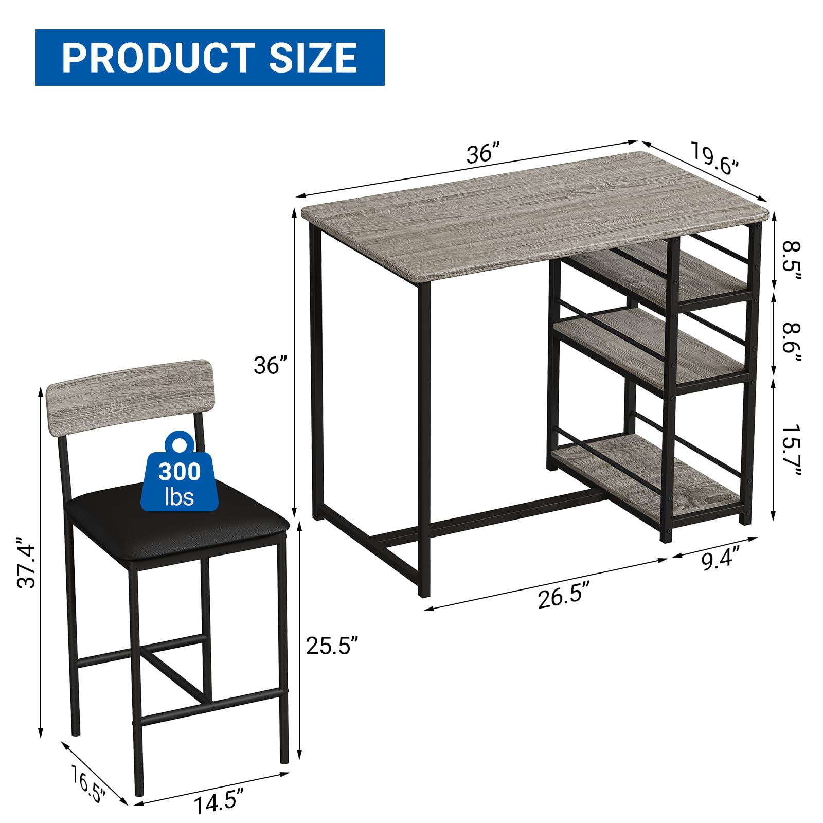 Zstar Juego De Mesa De Comedor para 2, Sillas Tapizadas, Juego De Mesa De Bar De 3 Piezas con Estante de Almacenamiento de 3 Niveles， para Espacios Pequeños, Apartamentos y Estudios, Gris