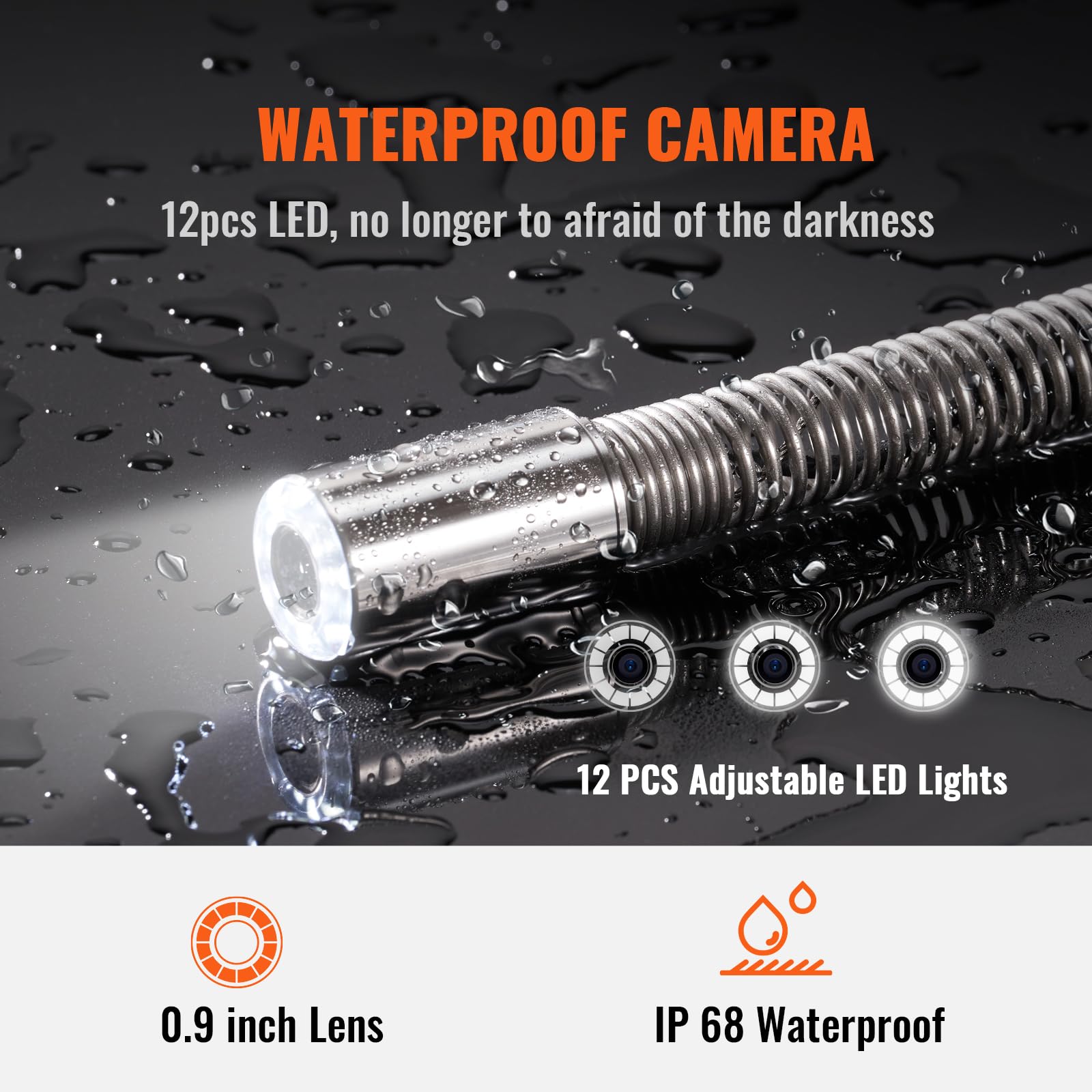 VEVOR Kamera inspekcyjna Rura 120 m Kamera Endoskopowa Odpływ 9'' z wodoodpornym rejestratorem DVR IP68 12 diod LED, regulowana, karta SD 16 GB do kanalizacji domu hydrauliki spustowej