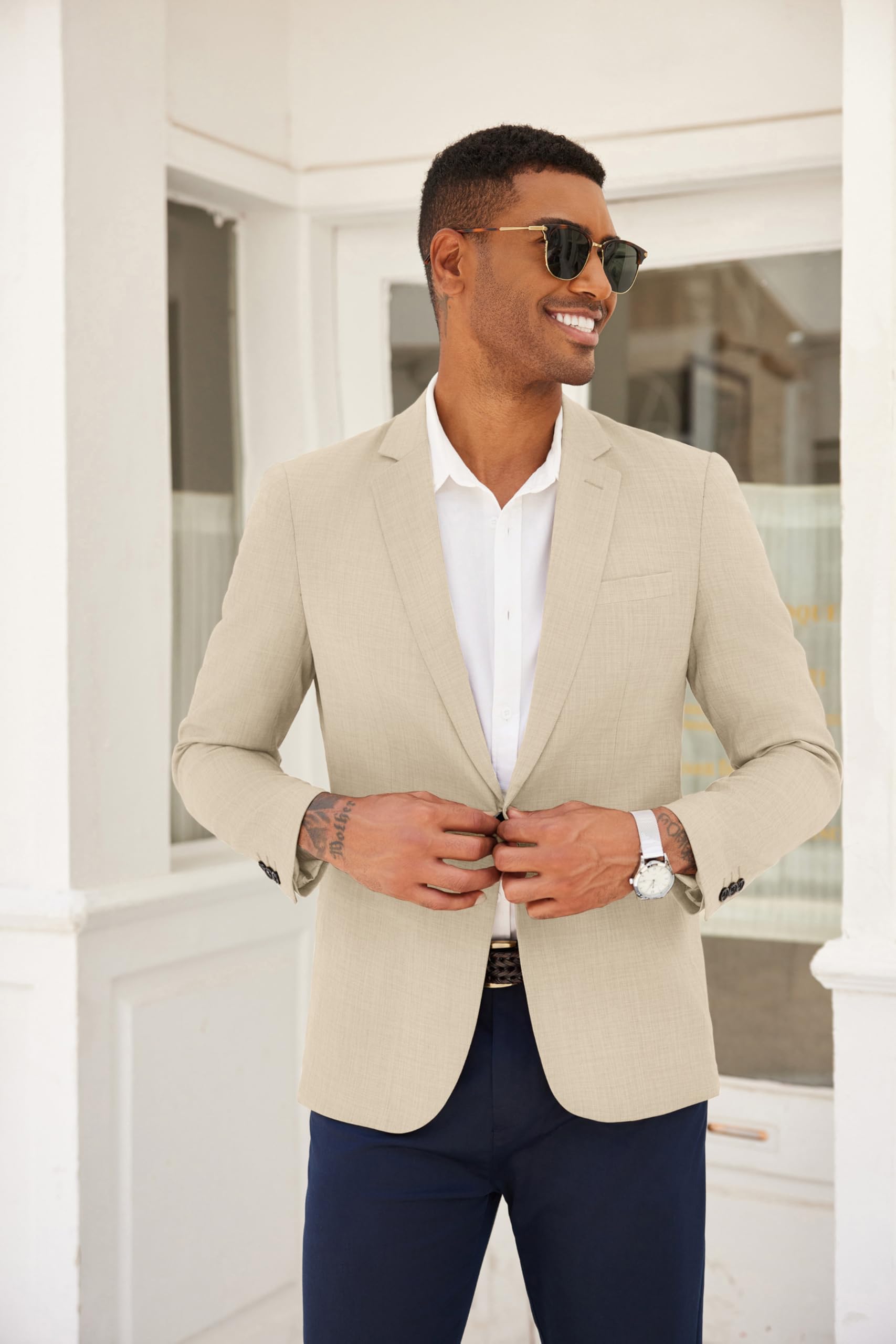 COOFANDY Giacca da uomo in lino, stile casual, slim fit, sportiva, con due bottoni, giacca estiva leggera per lavoro e sport