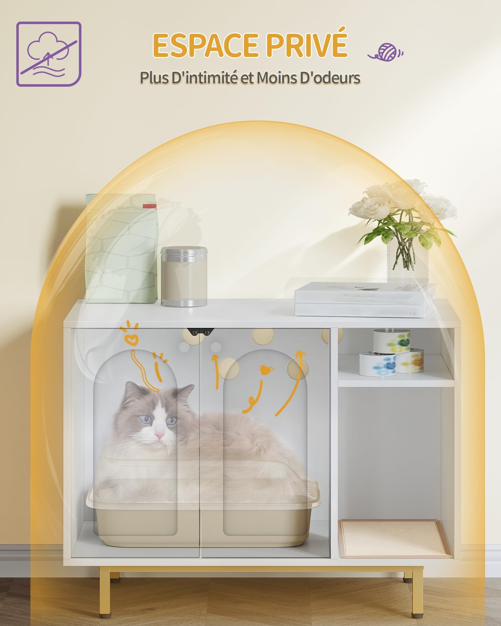 Hzuaneri Maison de Toilette Chat, Meuble Litiere Chat, Meubles Cachés, Maison pour Chats avec Porte et Cloison Séparée, Table d'appoint en Bois Domestique, 80 x 50 x 61 cm, Blanc et Or 01503GCLB