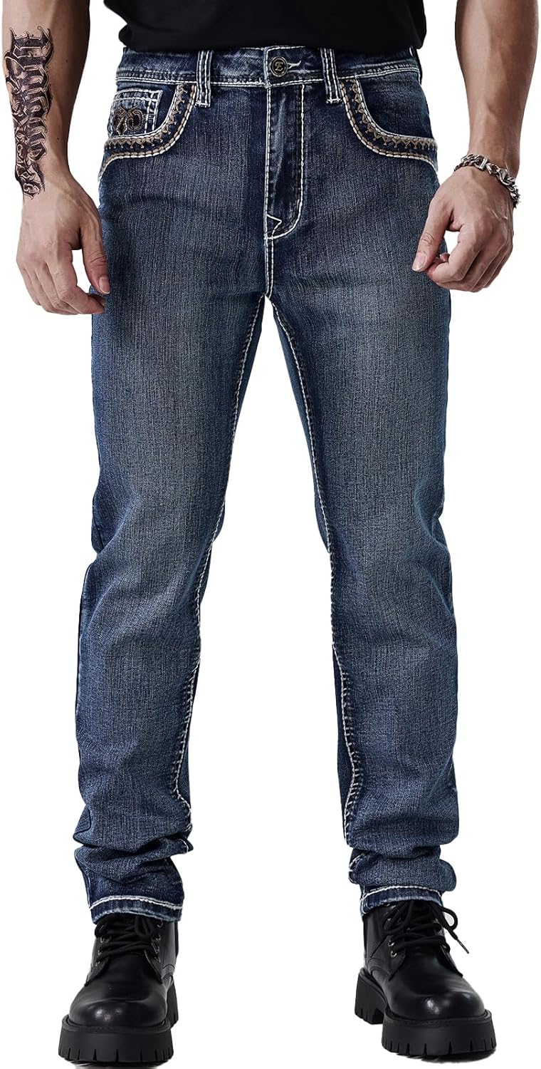 Men's Relaxed Straight Fit Jeans with Comfort Flex Classic Pants for Men Straight Leg Casual Embroidered Jeans