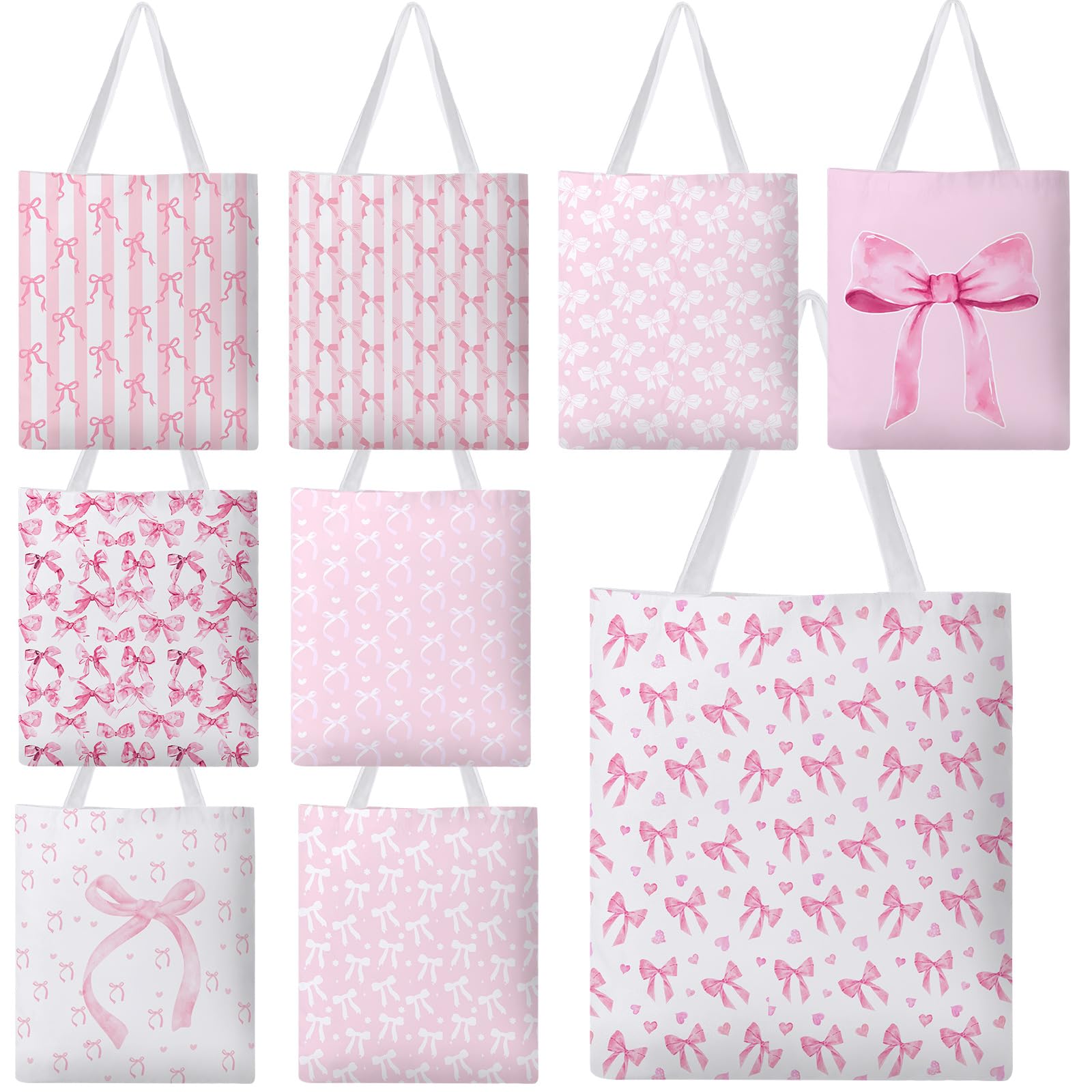 Bulyoou 9 Pcs Coquette Party Pink Bow Tote Canvas Bags Souvenir Gift Grocery Shopping Tote Bag for Travel Gifts