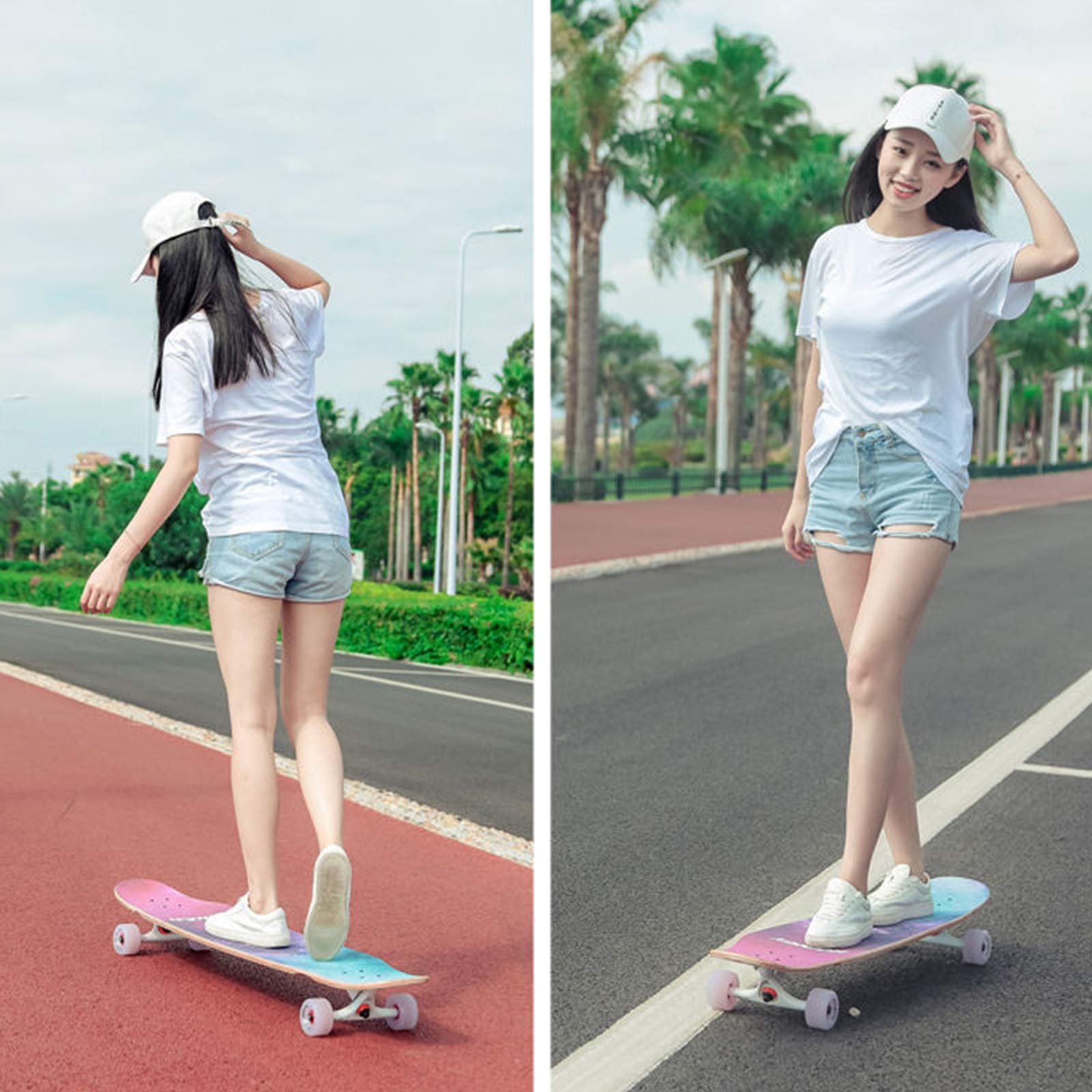 43"Longboard Skateboard Double Kick Planche à roulettes Concave, 7 Couches Canadiennes de Danse en Bois D'érable avec Roues LED PU pour Enfants, Adolescents et Adultes Débutants,Cat