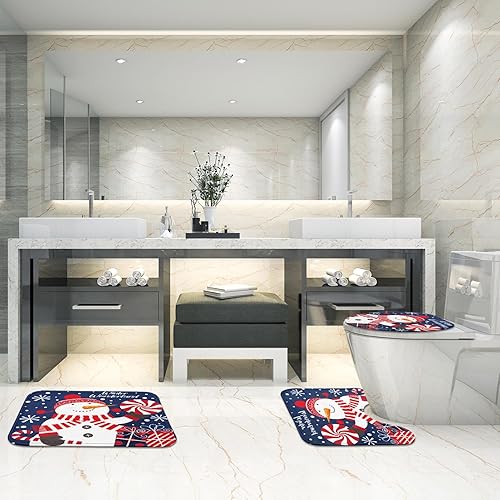 Miniatura 5 de Juego de 3 tapetes de baño de Navidad, muñeco de nieve y piruleta, juego de 3 tapetes de baño para baño, invierno, cubierta lavable, decoración para