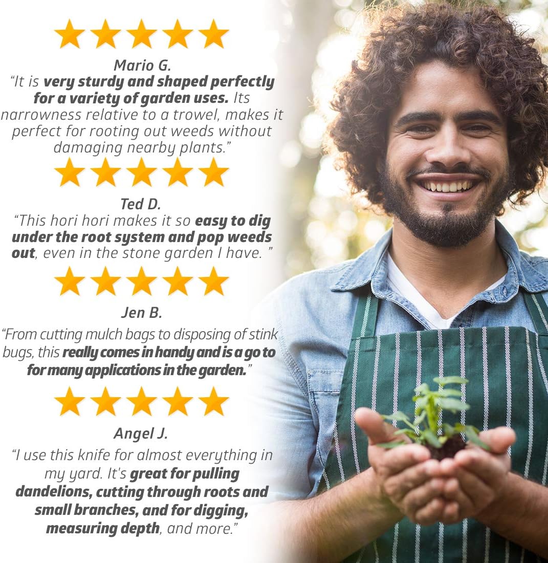 Hori Hori Garden Knife [7 Inches, Japanese Stainless Steel] Durable Gardening Tool for Weeding, Digging, Cutting & Planting with Leather Sheath and Sharpening Stone: Home Improvement