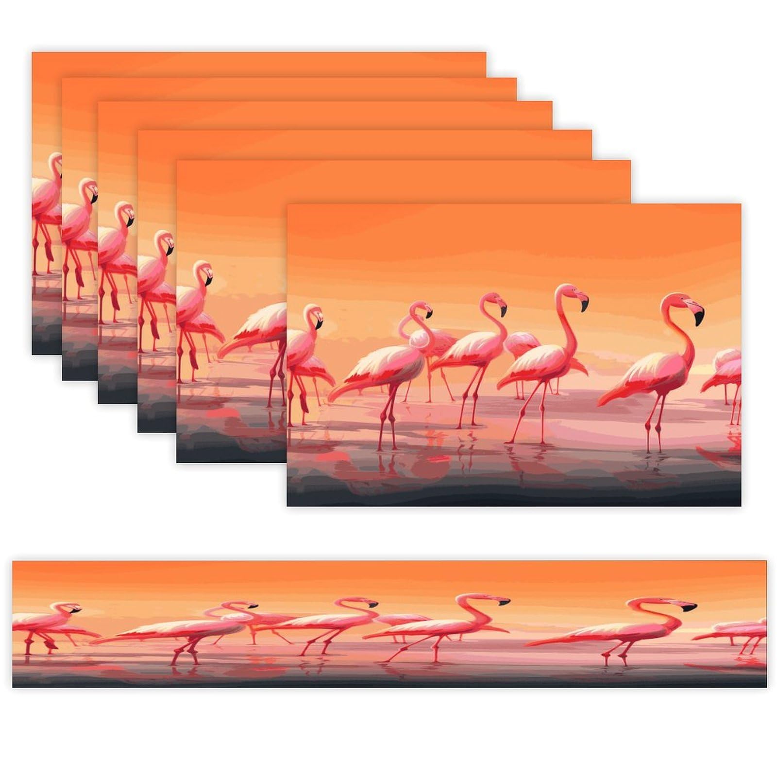 A Flock of Flamingos Table Runner and Placemats Set of 6 Wipe Clean Heat Resistant Table Mat with Table Runner Decorations Flax Linen Place Mat Set for Home Kitchen Party Supplies