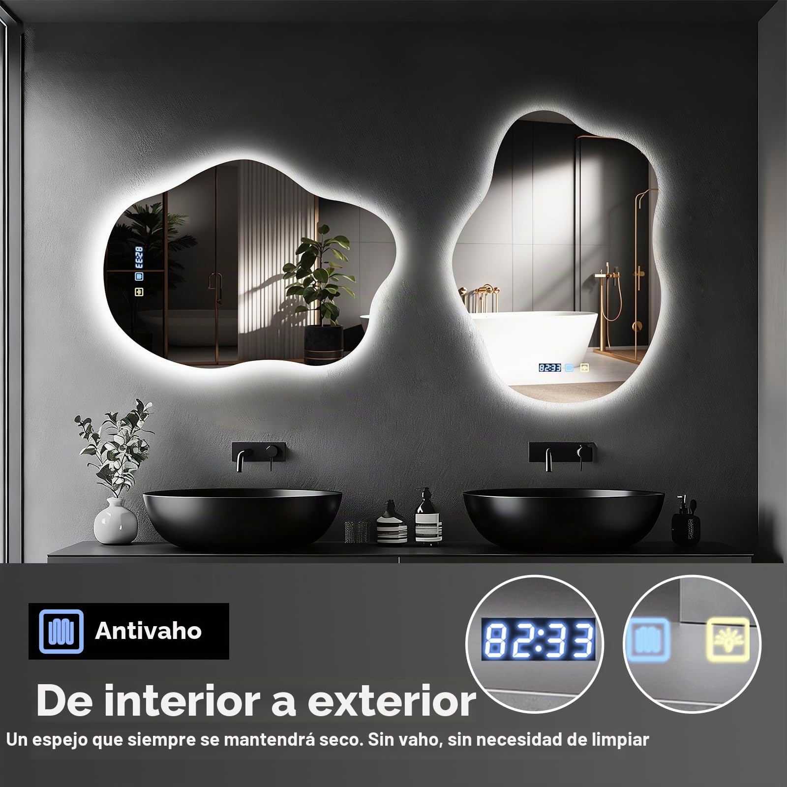 Espejos de Baño con Luz LED 70 x 50 cm, Espejo Baño con Luz Regulable de 3 Colores, Diseño de Nubes, Espejos de Pared con LED, Función Antivaho, Ajuste de Brillo, Interruptor Táctil