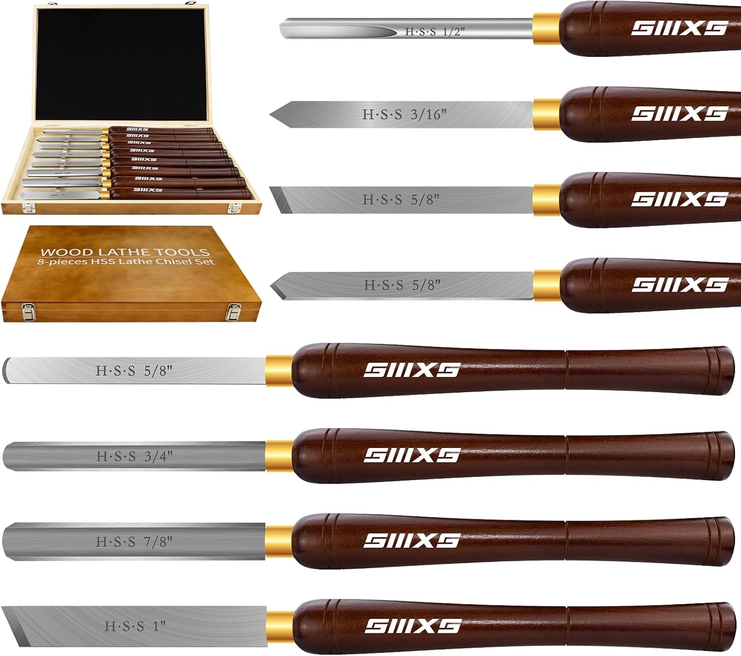 8Pcs HSS Wood Turning Tools Lathe Chisel kit with Beech Handle and Wooden Box
