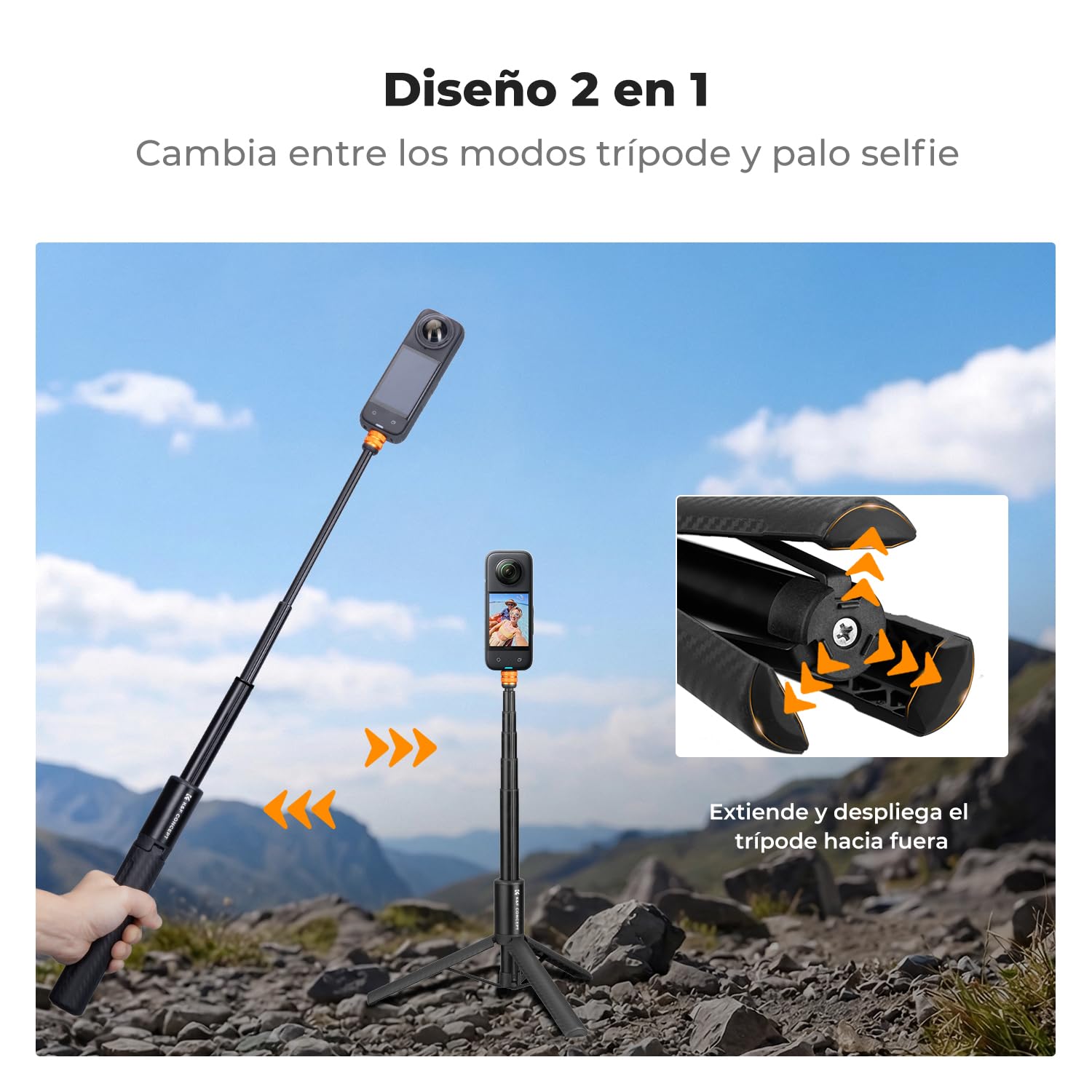 K&F CONCEPT MS21 Trípode y Palo Selfie Invisible Telescópico de 120 cm, Compatible con Insta360 X5/X4/X3/Ace Pro, Pocket 4/3, GoPro Hero 13-5, dji Osmo Action 5Pro/4/3, AKASO, Luna Ultra