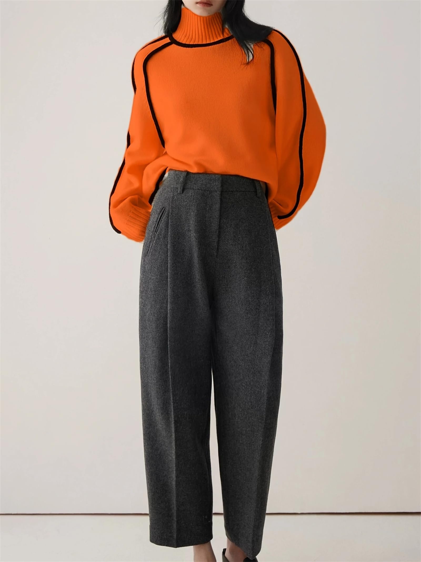 Maglione da donna a collo alto, a maniche lunghe, lavorato a maglia con bordo a contrasto, alla moda, per autunno e inverno, basic