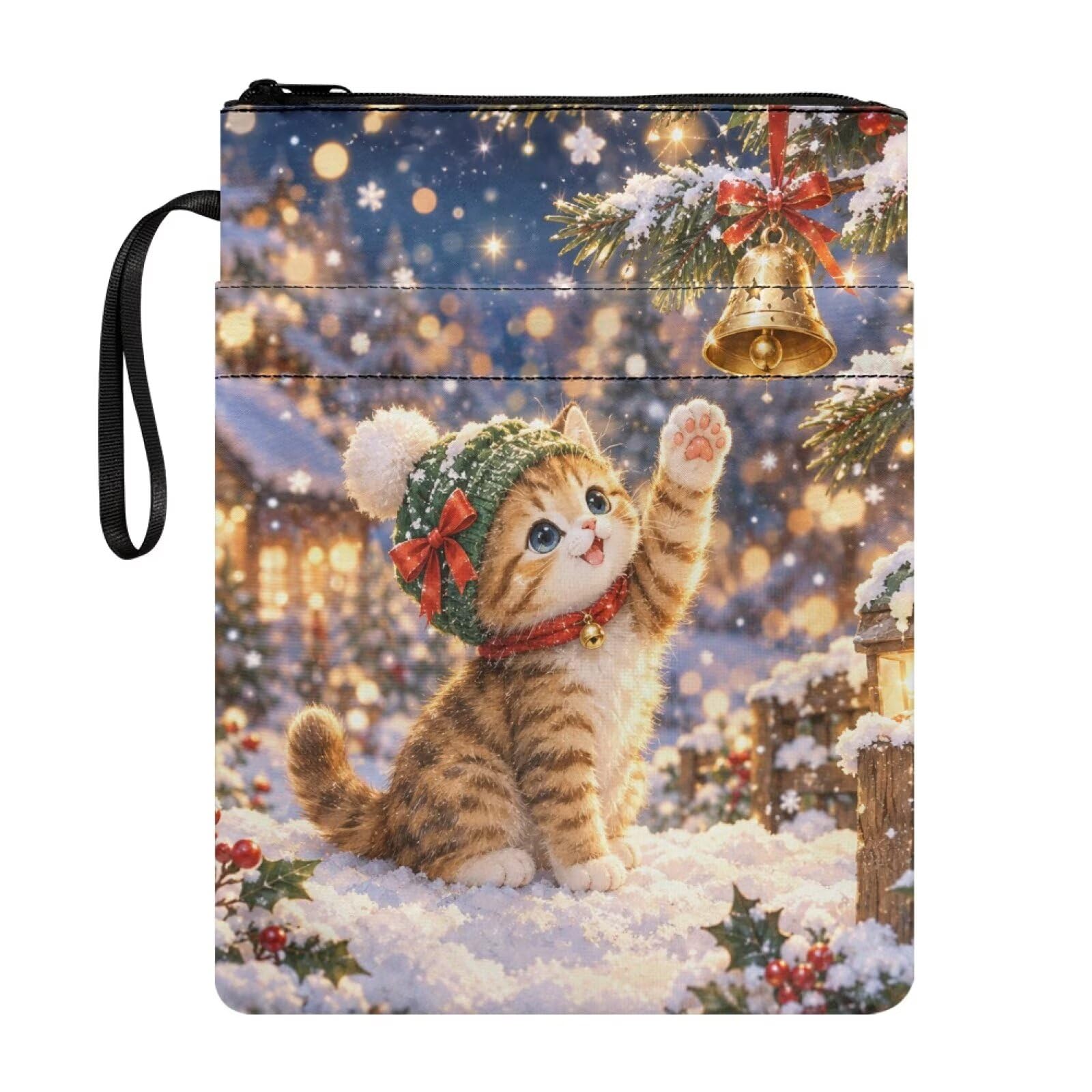 Poceacles Book Sleeve for Paperbacks Book Pouch Protector with Pockets and Zipper, Christmas Hardcover Textbook Storage Bag for Adults Teens Girls Boys, Cute Cat Christmas Eve — image 1