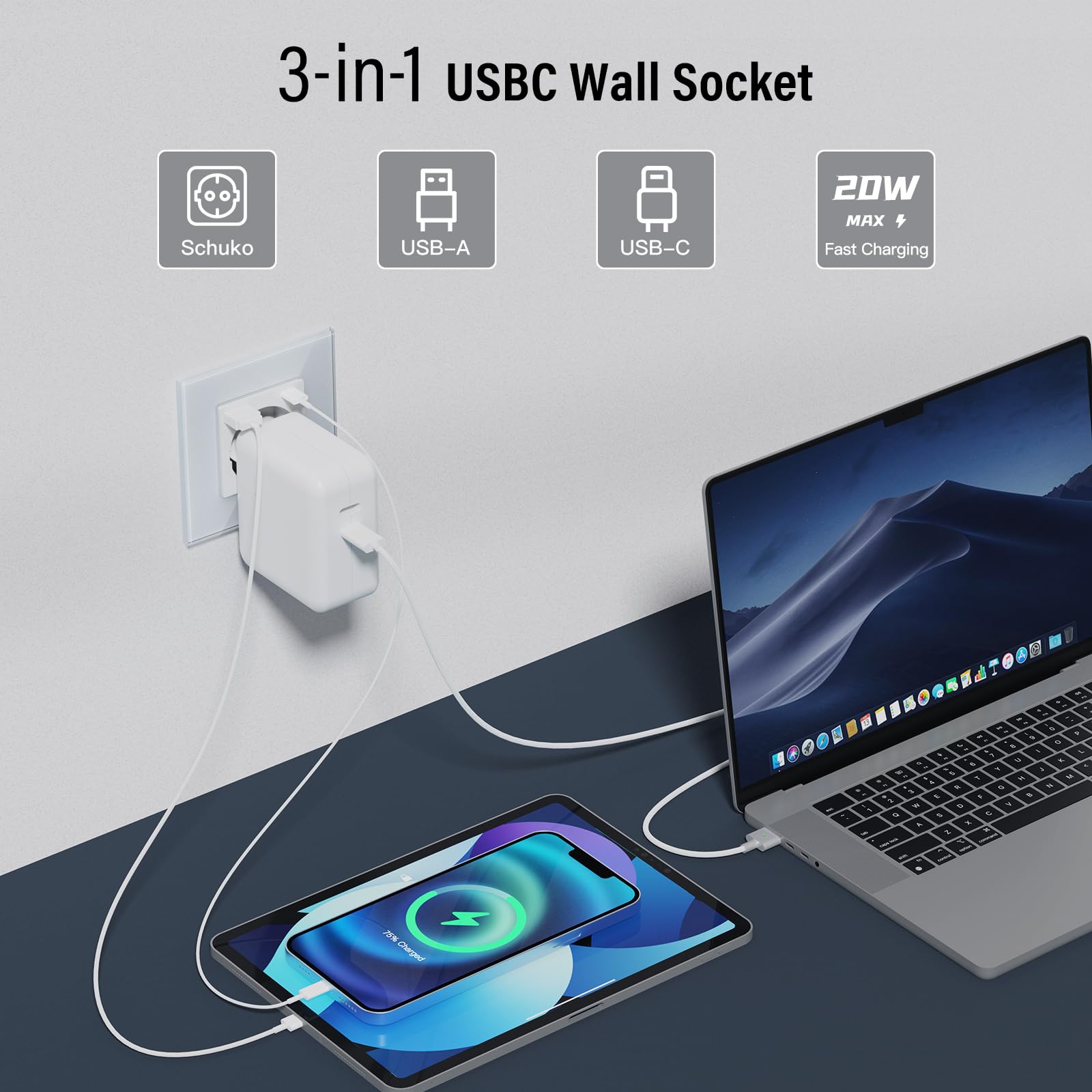 BSEED Enchufe Pared con 20W USB y Tipo C,Enchufe USB C de Cristal,Carga Rápida,3 en 1，Fácil Instalación,1 Enchufe,86mm Blanco — view 2