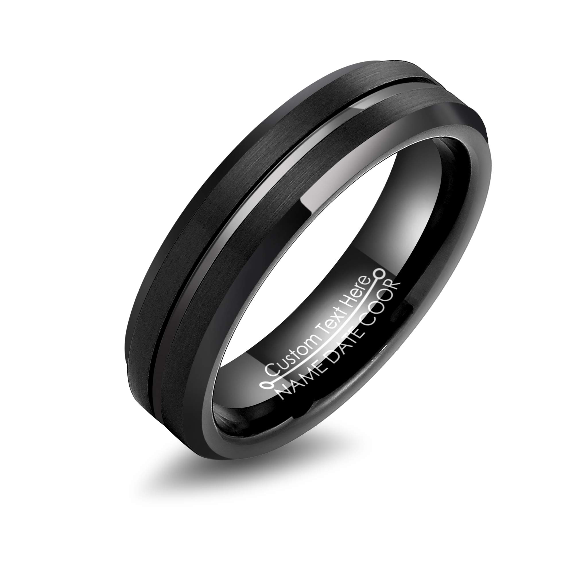 LerchPhi Tungsten Wedding Band for Men, Engraved and Customizable Promise Rings for Him and Her, Width 6MM 8MM Size 6-14, Center Grooved Beveled Edge,