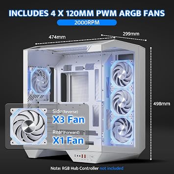 darkFlash Full-Tower ATX Gaming PC Case, Back Plug-in Motherboard, Vertical GPU Mounting, Dual-Chamber, Panoramic Glass, Up to 2 x 360mm Radiators, RTX 40 Compatible(DY470) (4 PWM ARGB Fans, White)