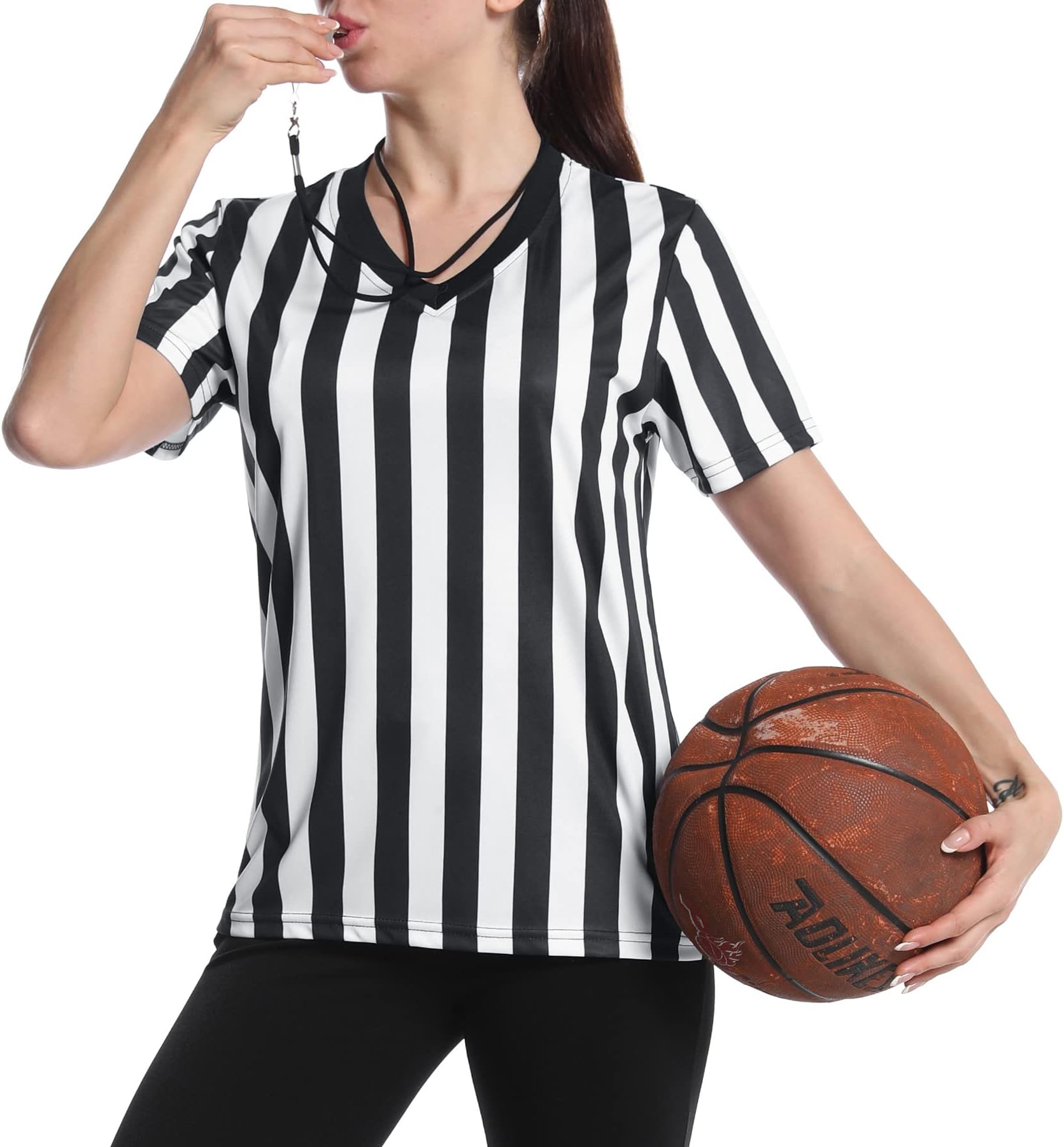 Women's Official Referee Shirt Black & White Stripe Ref Umpire Jersey Short Sleeve for Basketball Football Hockey