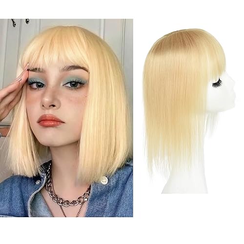 Toppers de cabello humano real con flequillo y clip, sin costuras, para mujer, base de seda gruesa para cabello que pica (5.1 x 5.1 pulgadas, 12