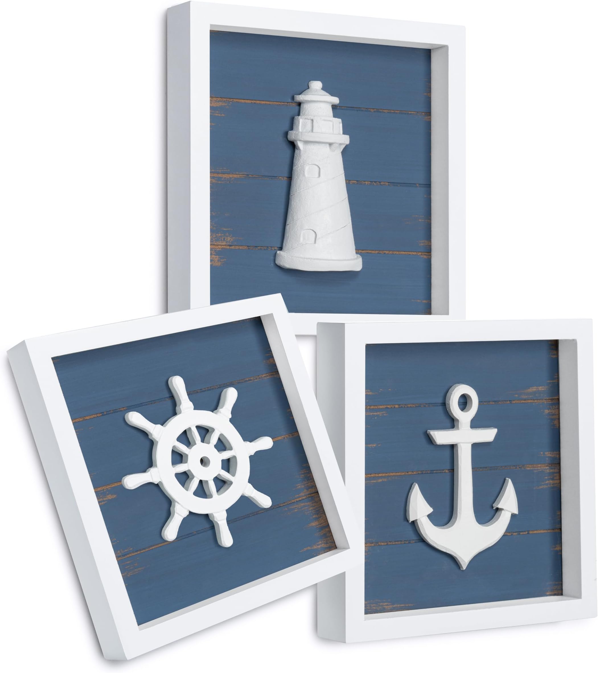 TideAndTales 3D Nautical Wall Decor (Famed Set of 3) Anchor, Lighthouse and Ship Wheel - Rustic Beach Bathroom Coastal Theme Home Decorations - Nautical Gifts, Classic Blue 7"x7"