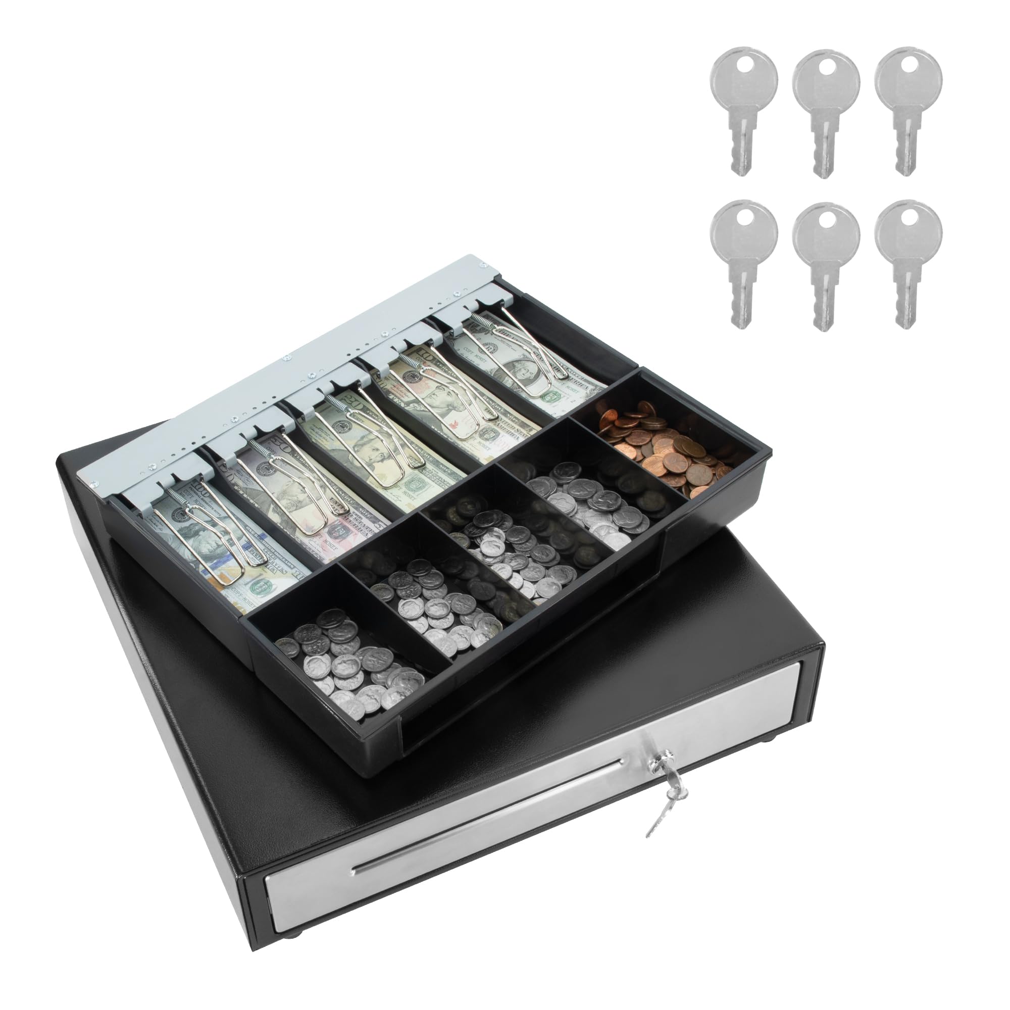 HK SYSTEMS 40,6 cm Kassenschublade für POS, ohne Logo, schwarz, DC 24 V/Mikroschalter, RJ12, 1 Schlitz, abnehmbare und verstellbare Geldkassette, 5 Geldscheine / 5 Münzen, Metalldraht-Greifer, 6