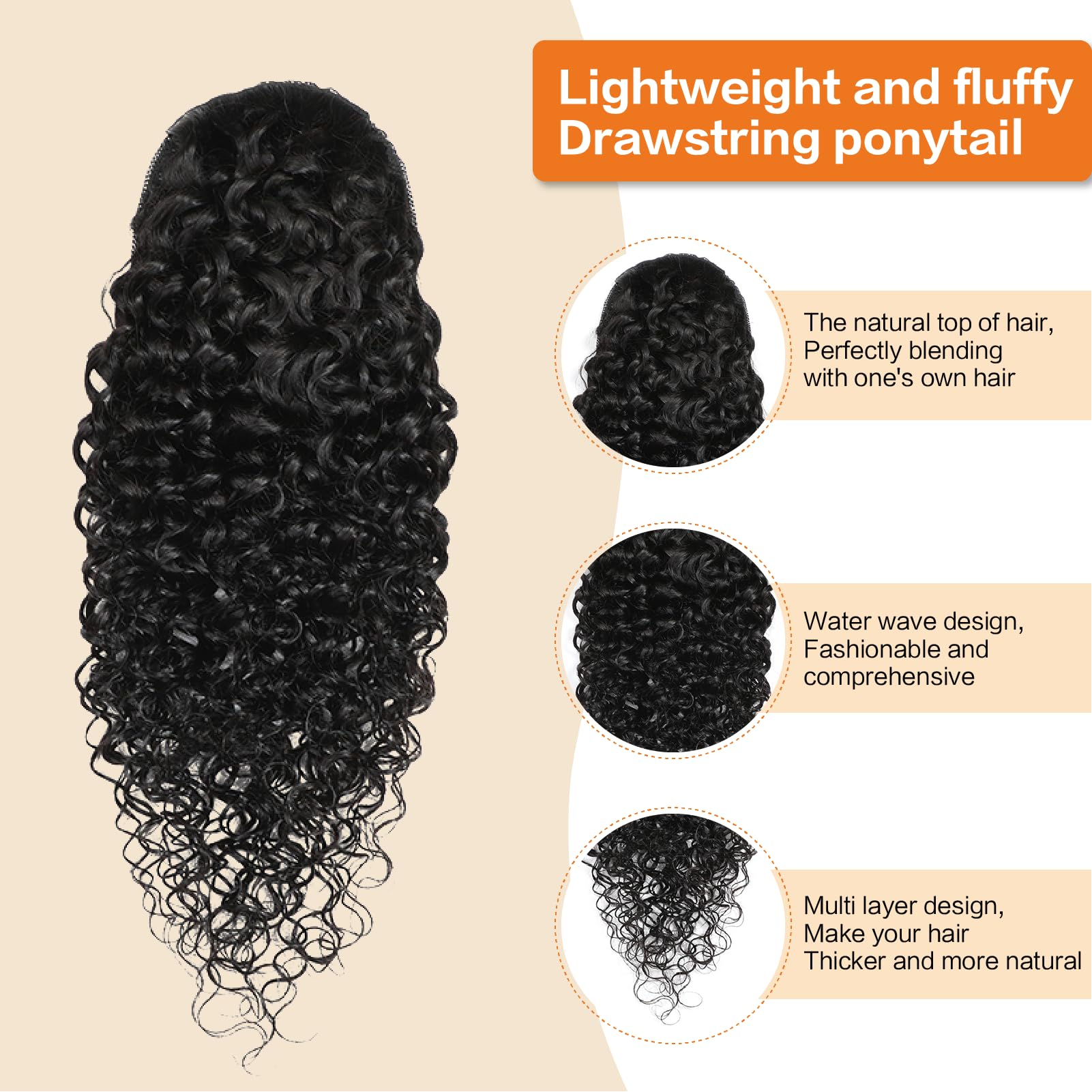 Yacurcur Water Wave Drawstring Ponytail Brazilian Remy Human Hair Ponytail Extensions for Black Women Ponytail Extension Human Hair Pieces Natural Black 16 Inch - Image 4