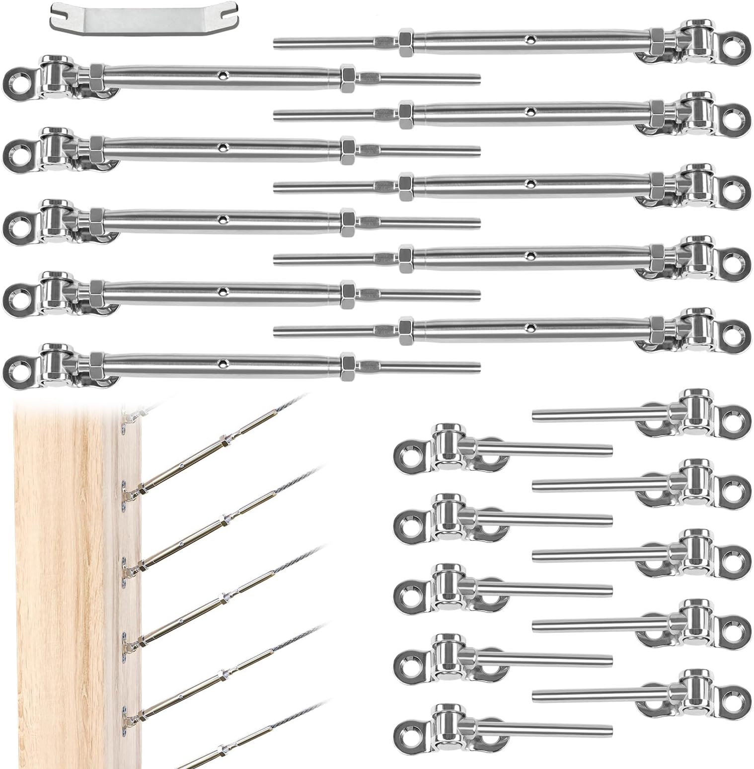 10 Pairs 1/8" Cable Railing Hardware Kit Swage Toggle Turnbuckle for Wood Post T316 Stainless Steel Deck Cable Railing System Angle 180° Adjustable Stairs 20 Pack CK07