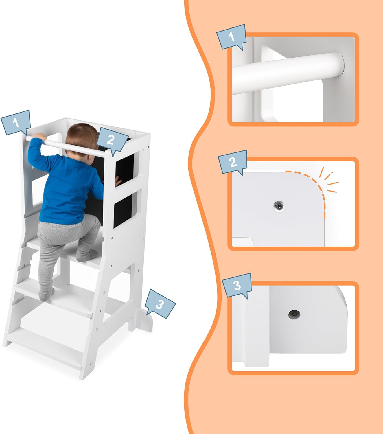 Relaxdays learning tower with chalkboard, 1+ yrs, 2 steps, safety guard, 86x40x44cm, toddler step stool, white