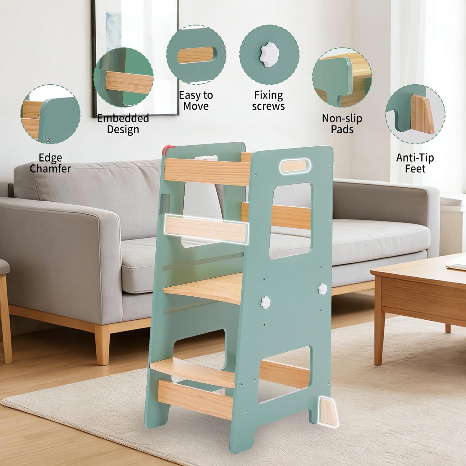 WOOD CITY Kitchen Step Stool - Safe Montessori Standing Tower for Kids with Safety Rail, Height Adjustable Toddler Ideal Helper for Learning New Skills, Anti-Slip Protection for Bathroom - Green… image 5