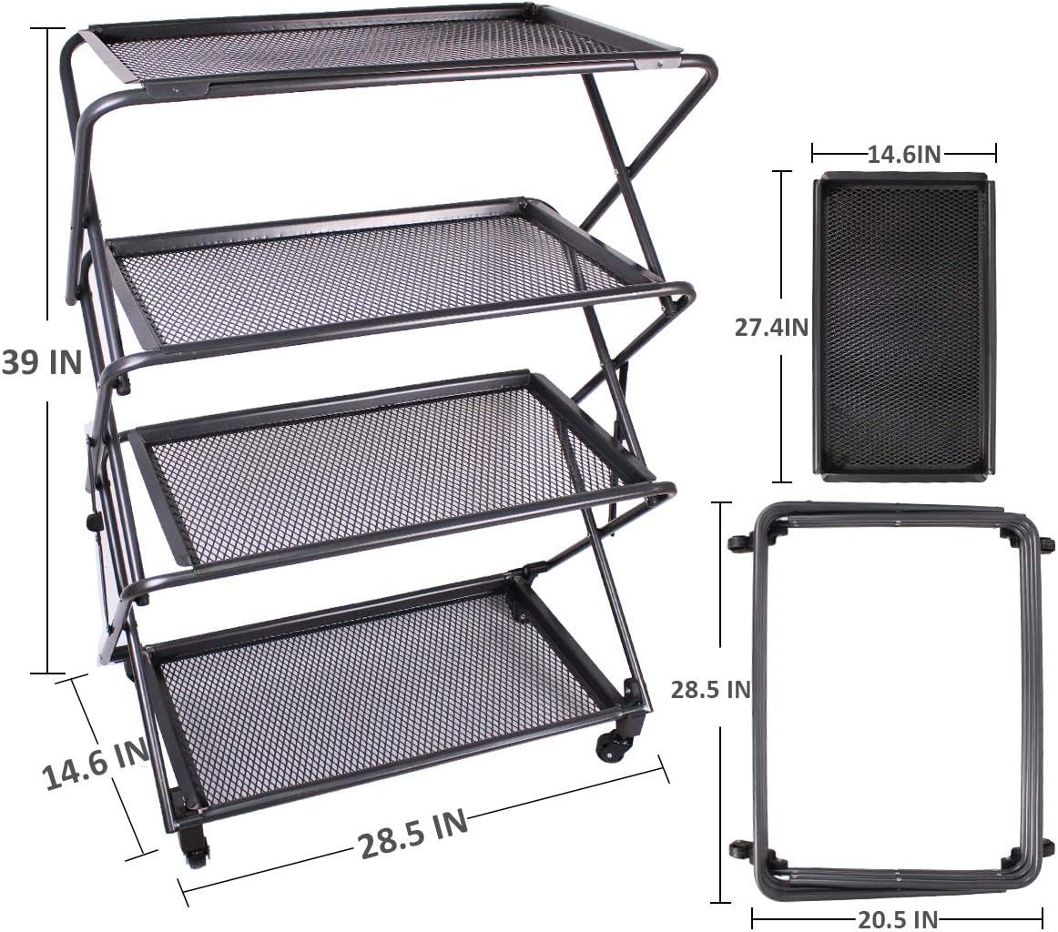 Zenree 4-Tier Folding Portable Durable Steel Kitchen Shelf, Black, 39" - Removable Mesh Trays, Perfect for Outdoor Cookouts, Extra Storage, Kitchen Storage