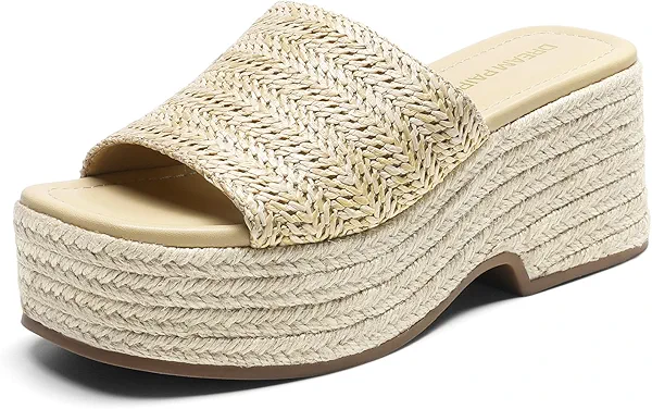 DREAM PAIRS Platform Espadrille Sandals for Women Wedges Slides Slip on Bohemia Sandals Flatform Open Toe Beach Sandals Dressy Outdoor Summer Shoes,Size 8.5,Nude,DWUMSS2502