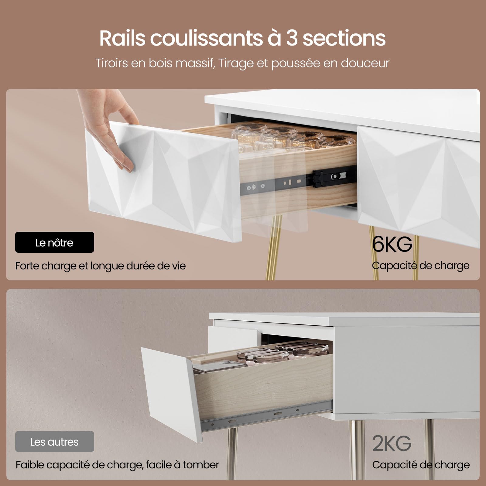 EUGAD Coiffeuse avec Miroir LED Réglable à 3 Niveaux, Table de Maquillage avec Chaise en Velours, avec 2 Tiroirs à Effet 3D en Bois Massif, Moderne, Blanc+Doré, 0056SZT