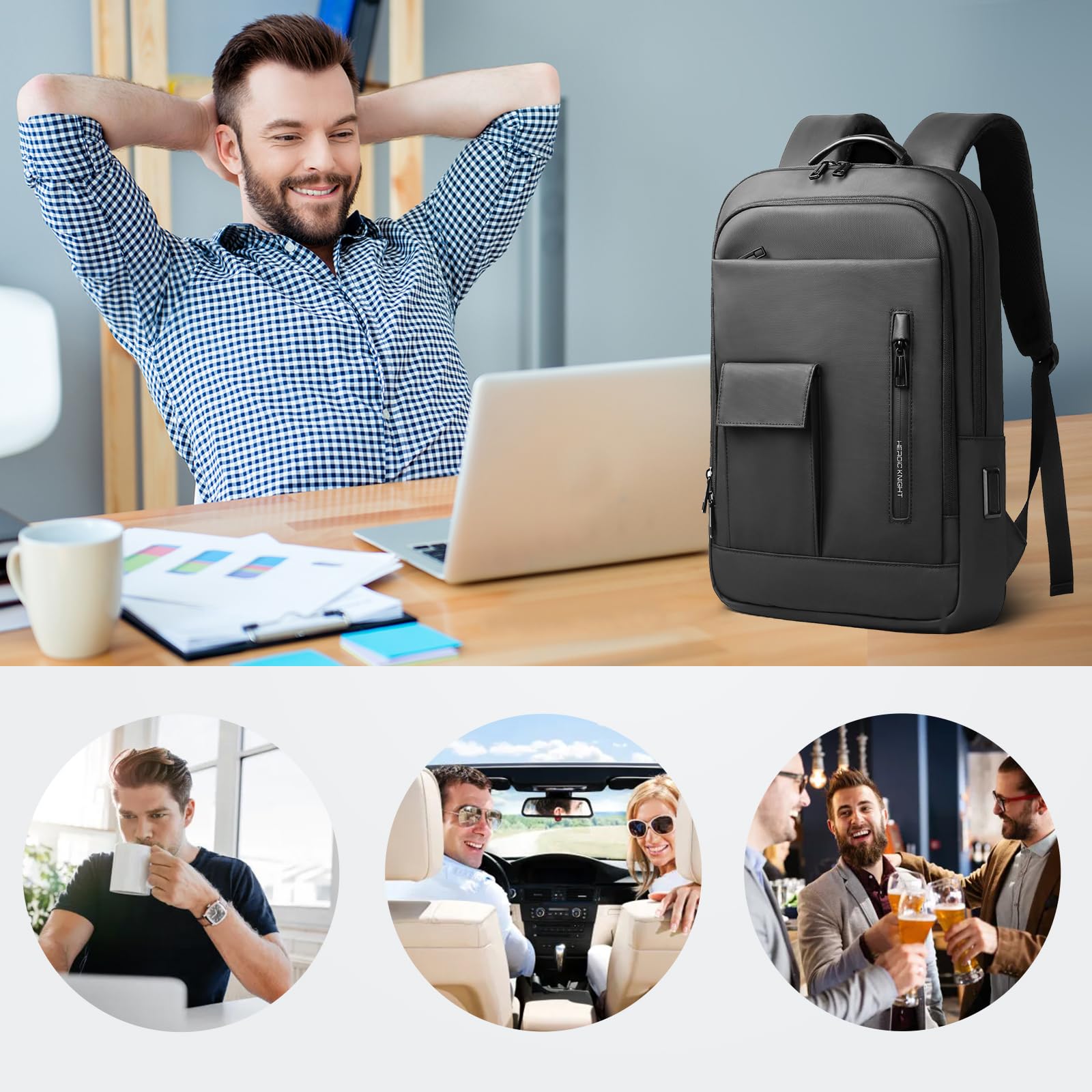 Zaino sottile per uomo e donna, zaino per laptop da 15,6 pollici con porta di ricarica USB, zaino leggero per computer da viaggio