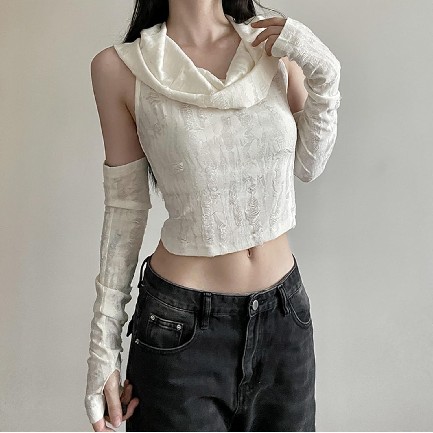 Hooded Tops Off Shoulder Shirt Tight Top Crop Top with Sleeve Gothic Bodycon Top - Image 4