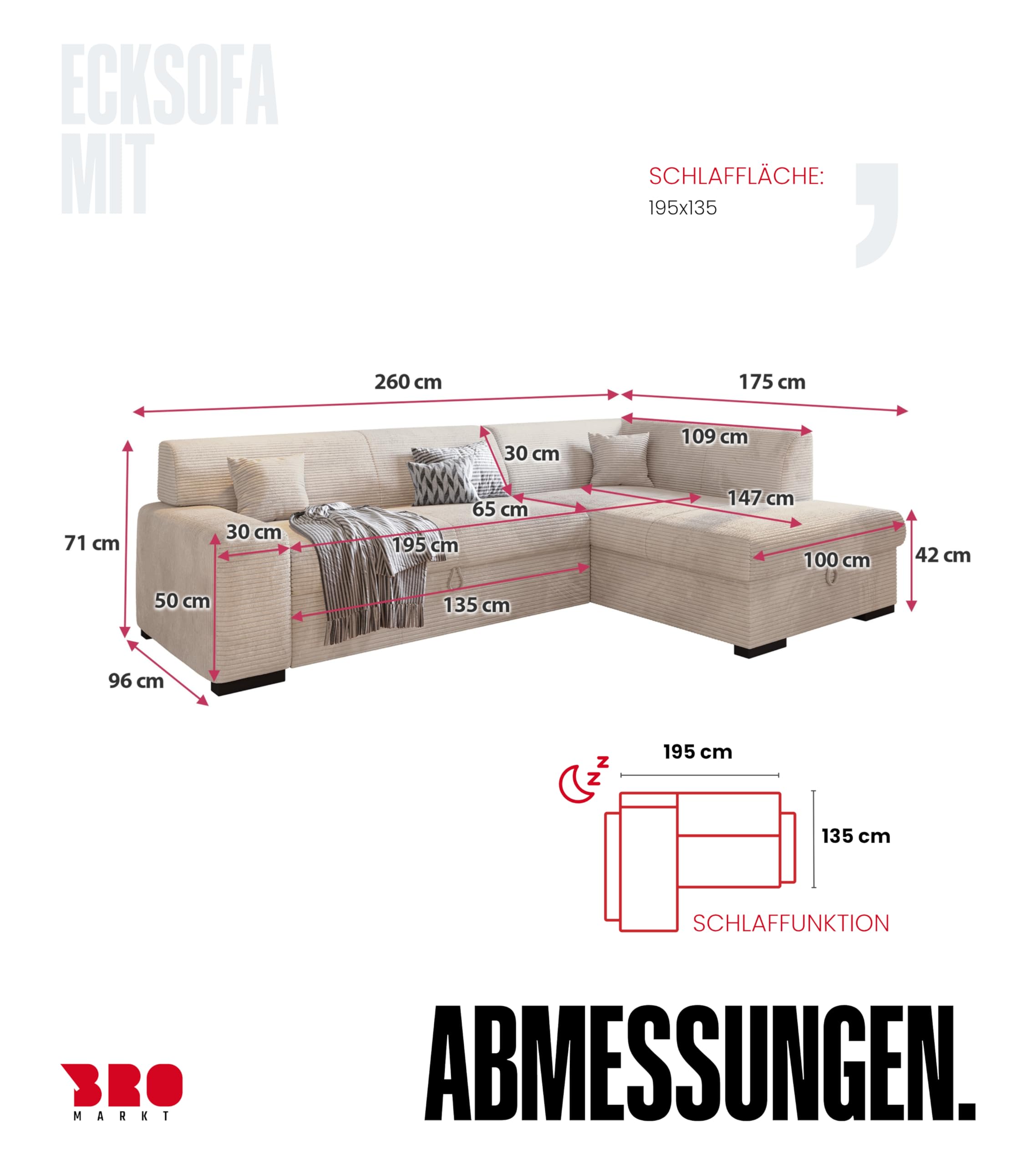 BROMARKT Ecksofa mit Schlaffunktion 260 cm L Form Vanille Rechts Seite Couch Sofa mit Bettkasten Schlafcouch Schalsofa 3 sitzer Eckcouch Sofabett Wohnlandschaft Cordstoff