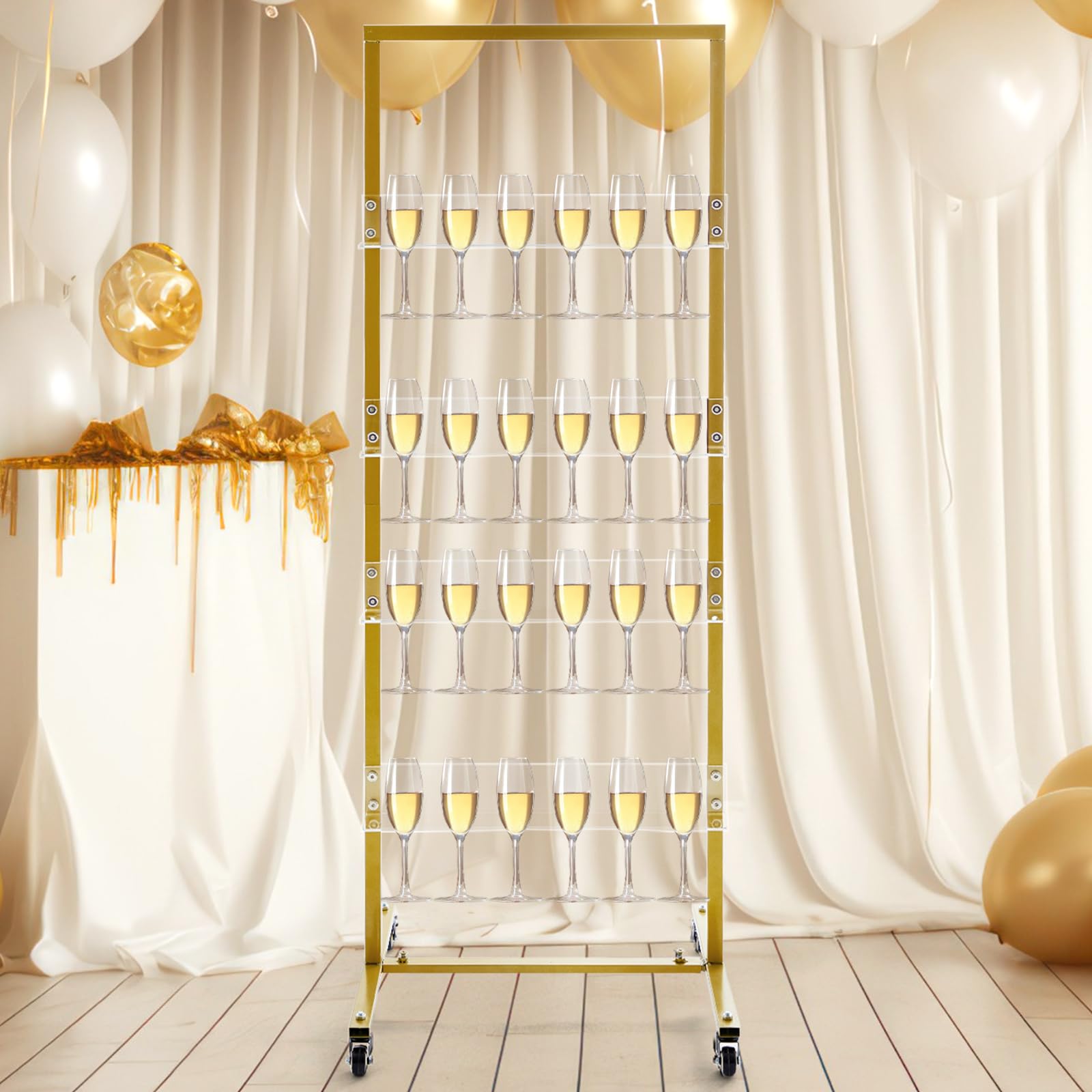 Champagne Wall Display Stand Holder for Party, 4 Tier Gold Champagne Wall Stand with Casters 24 Wine Glass Acrylic Champagne Glass Holder Champagne Tower for Wedding Bridal Shower Party