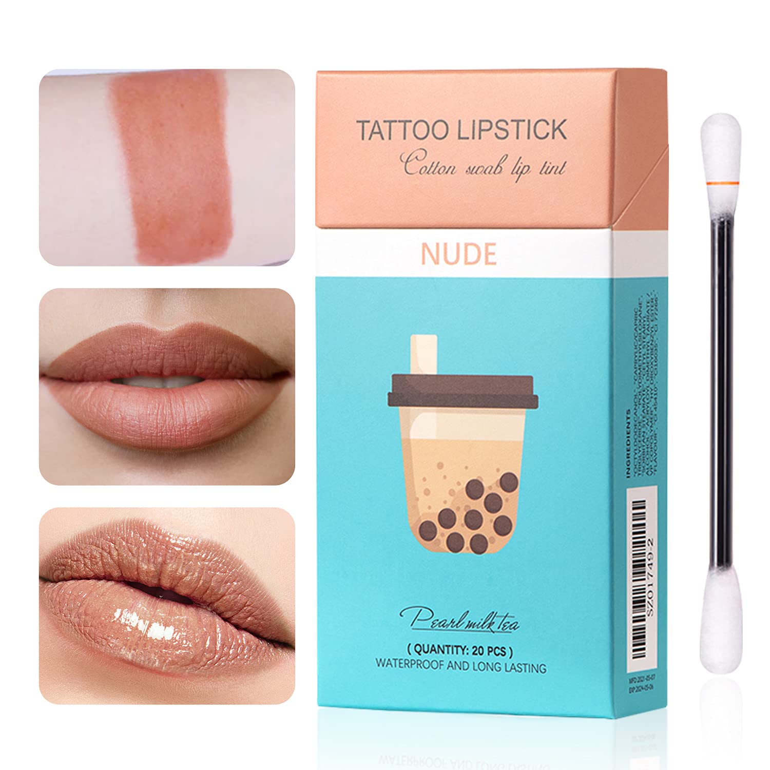 GIII Touch 20 Pieces/Box Cigarette Lipstick Cotton Swab Lipstick, Durable Waterproof Liquid Non-Stick Tattoo Lipstick, Portable Lip Tint (02 nude)