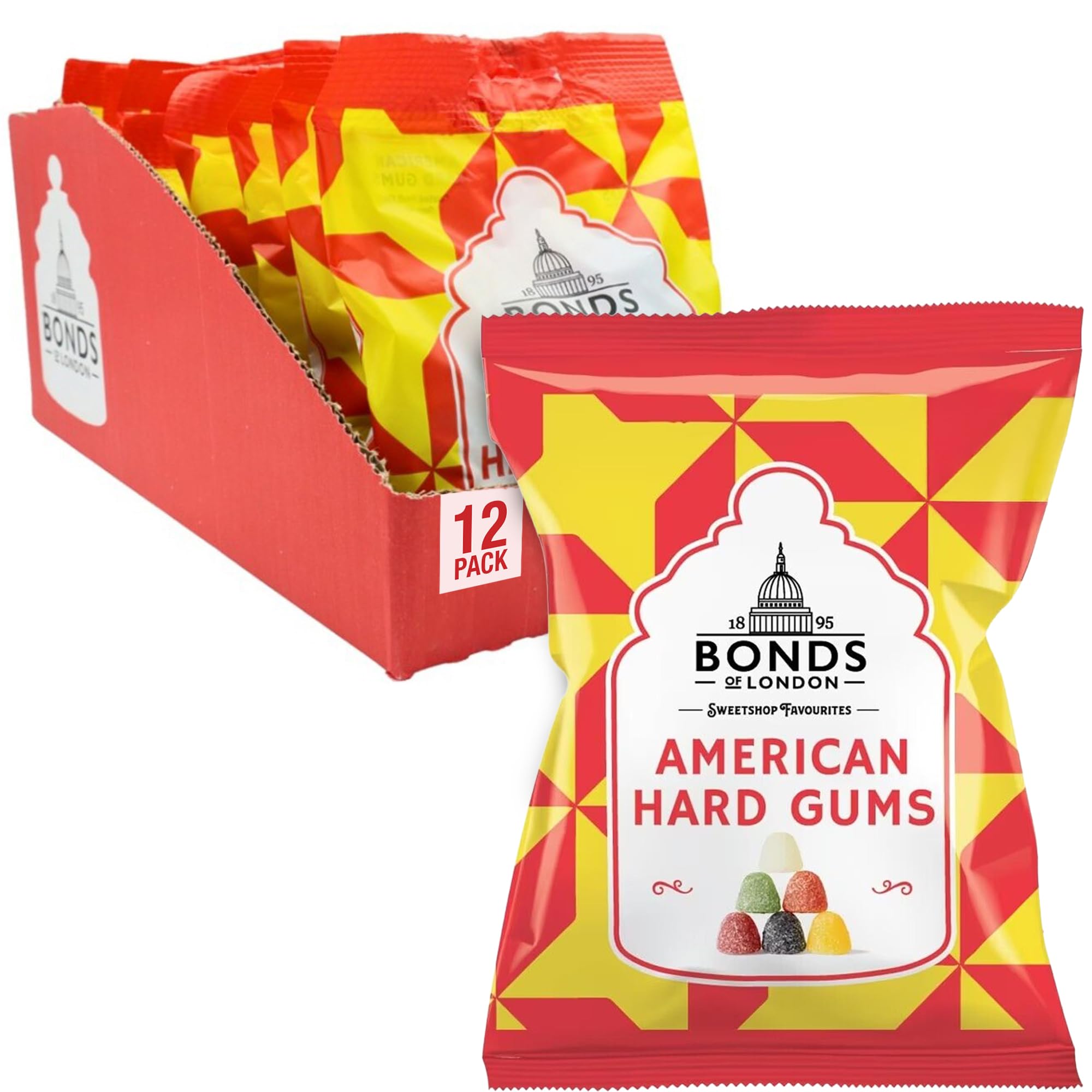 Bonds of London American Hard Gums Bags, Retro Fruit Gift Sweets, Vegetarian Friendly, 130 g (Pack of 12)