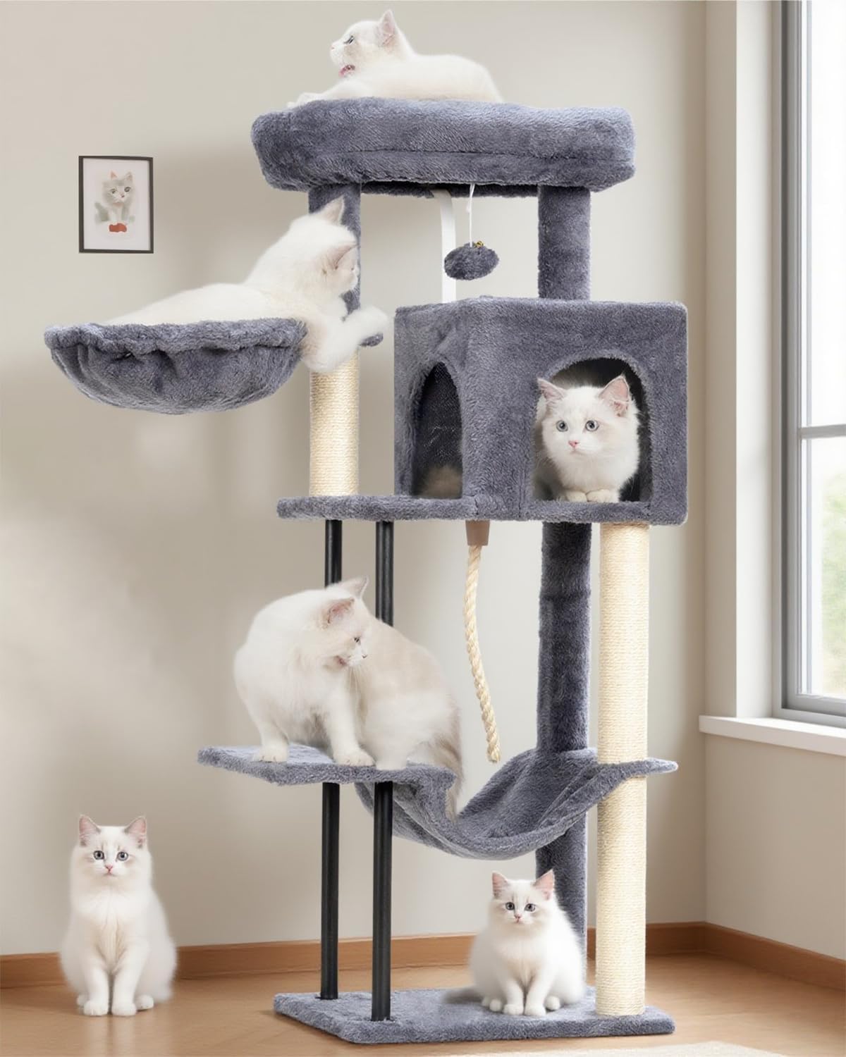 Gitelsnour Cat Tree GCT004SG with multiple cats interacting with its features.