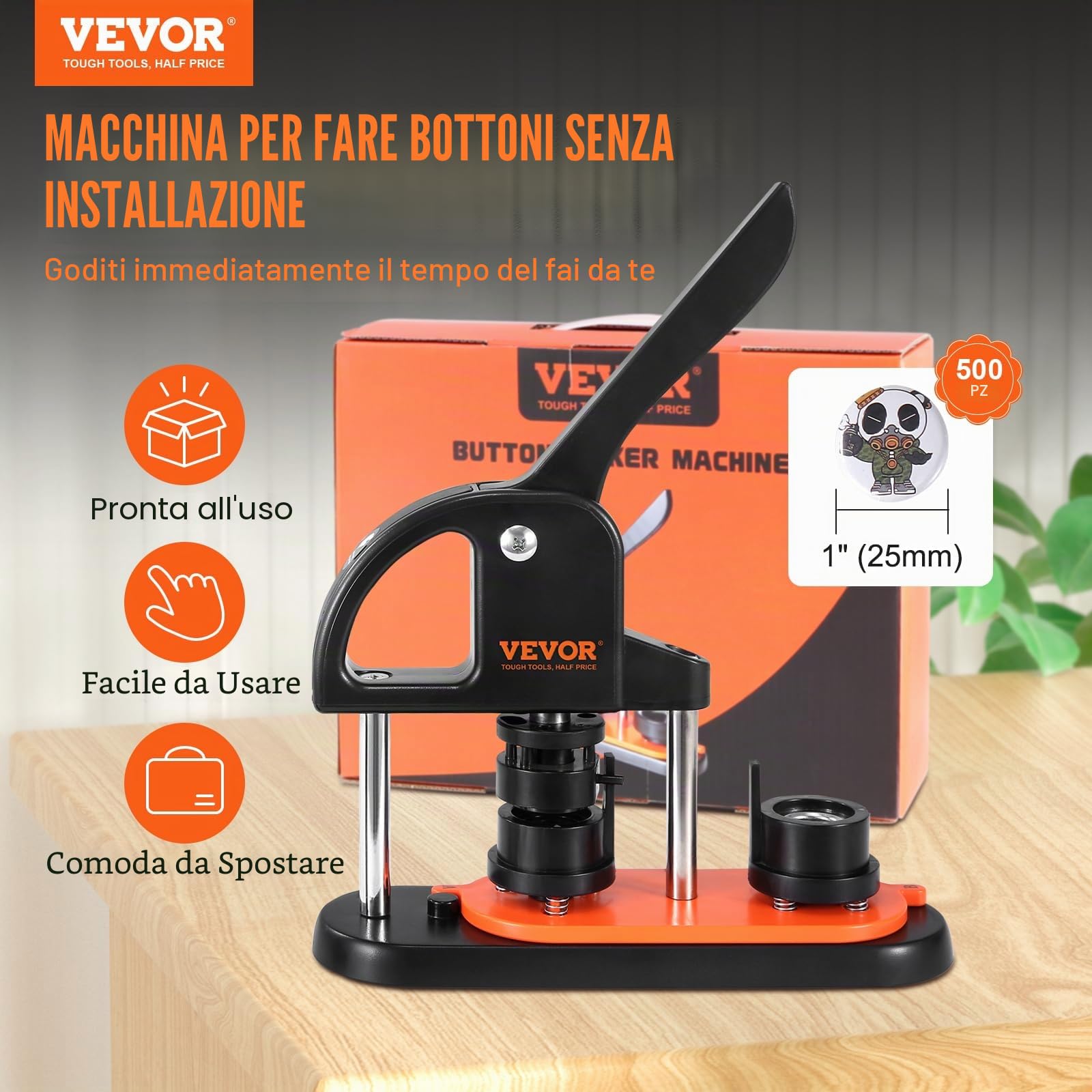 VEVOR Kit per Fustellatrice Manuale di Badge Spillo Bottoni Diametro 25mm 500 Pezzi, Kit di Punzonatrice Manuale in Plastica per Badge Spillo Fai-da-te con Accessori Completi Modelli da Diametro 25mm