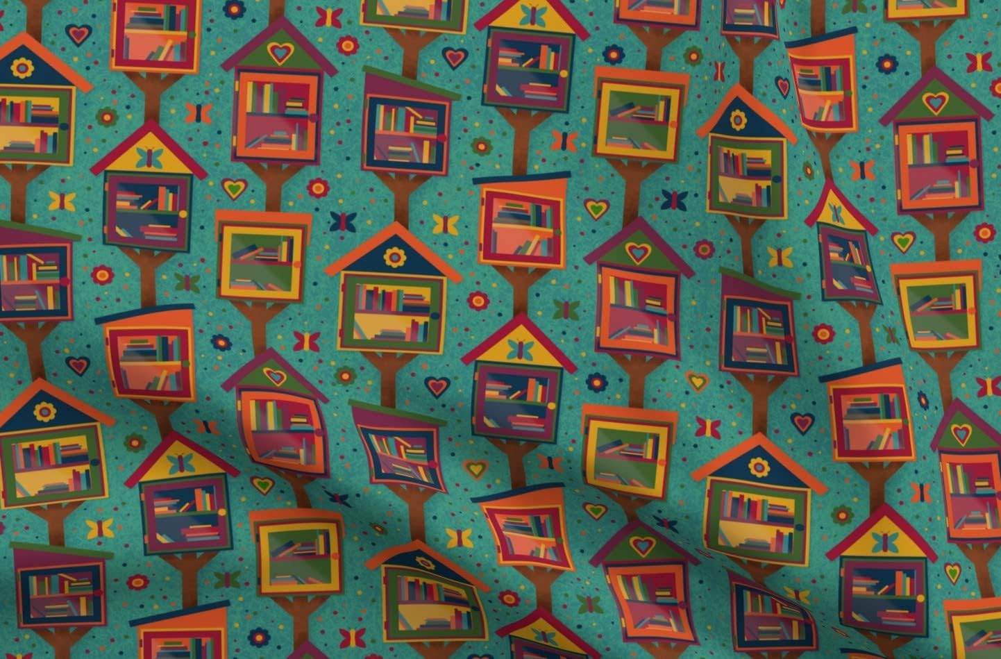 Spoonflower Fabric - Little Free Libraries Green Blue Yellow Red Purple Orange Colorful Printed on Minky Fabric by The Yard - Sewing Baby Blankets Quilt Backing Plush