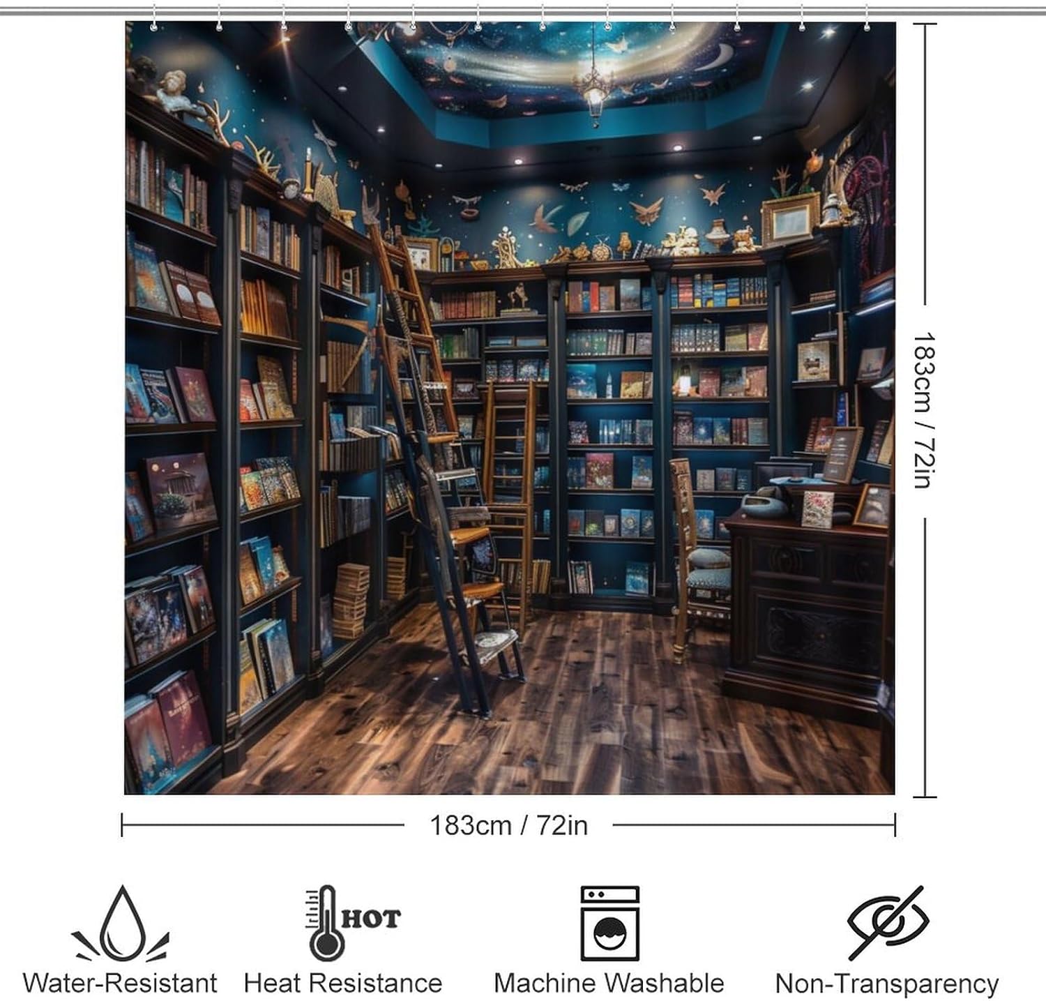 4Pcs Fantasy Classic Library Shower Curtain Set, Vintage Bookshelf Modern Ladder Bathroom Decor Sets with Rugs Bathroom Accessories Bathroom Curtain Shower Set, 72" x 72"
