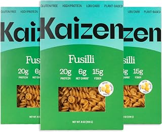 Kaizen Low Carb Keto Fusilli Pasta - 20g Protein, 6g Net Carbs, Gluten-Free Plant-Based Lupini Noodles (3x8oz Packs)