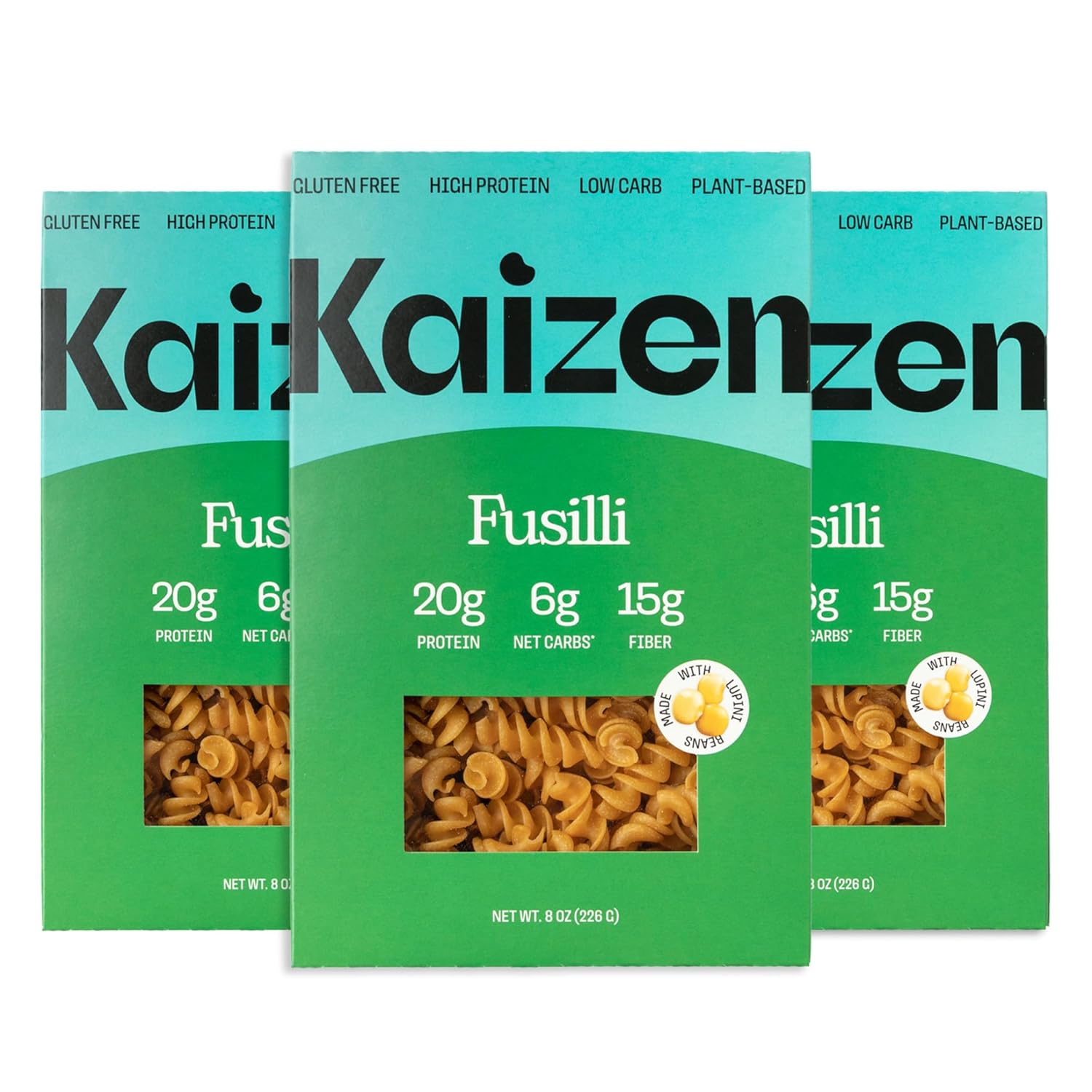 Kaizen Low Carb Keto Fusilli Pasta - 20g Protein, 6g Net Carbs, Gluten-Free Plant-Based Lupini Noodles (3x8oz Packs)